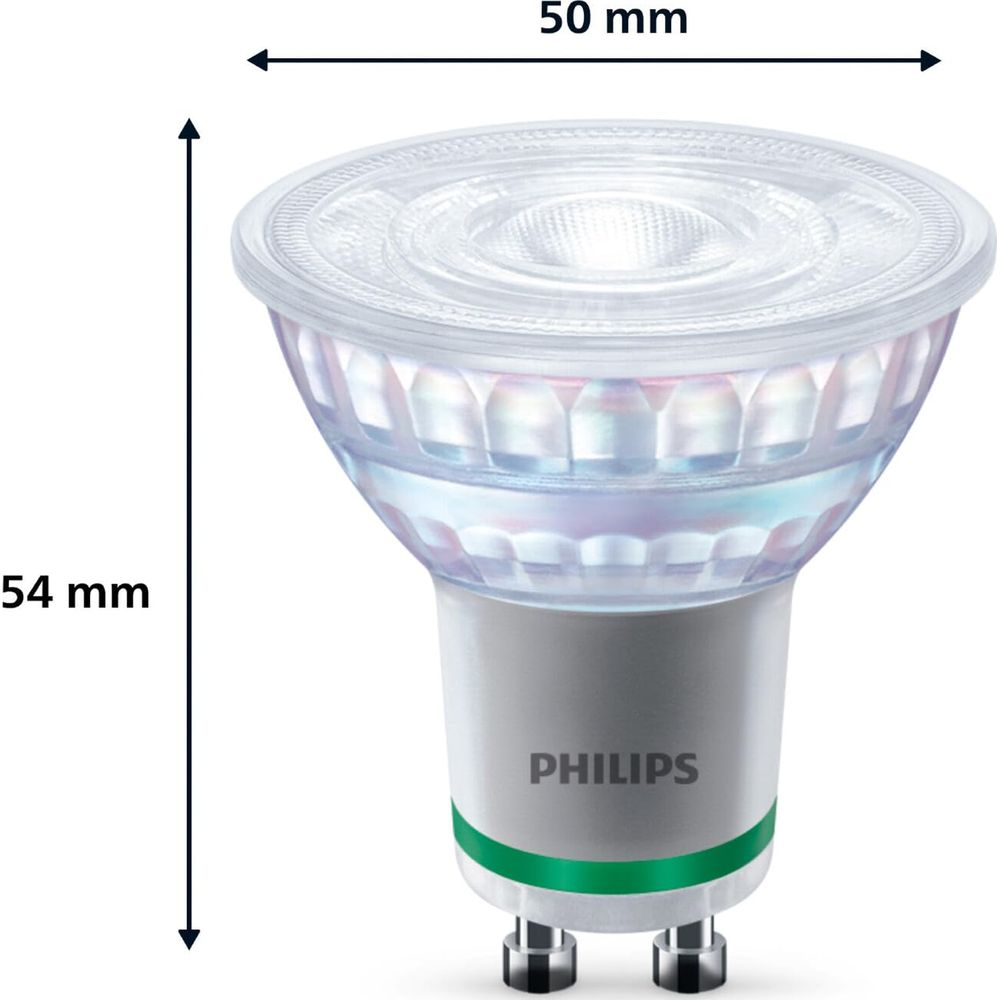 Lampadina LED Philips, 50mm larga, 54mm alta, con due pin.