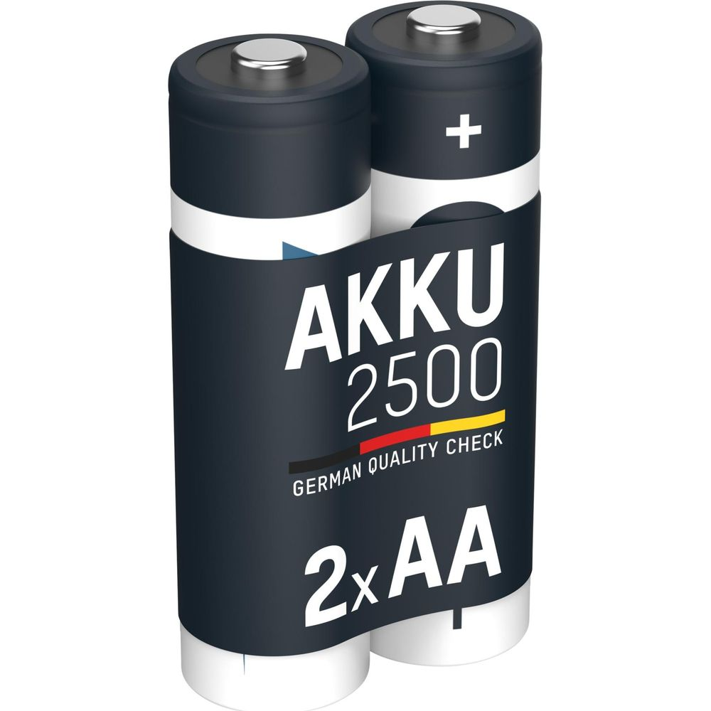 Zwei AA-Akkus mit 2500 mAh Kapazität, dunkelblau mit weißen Akzenten.