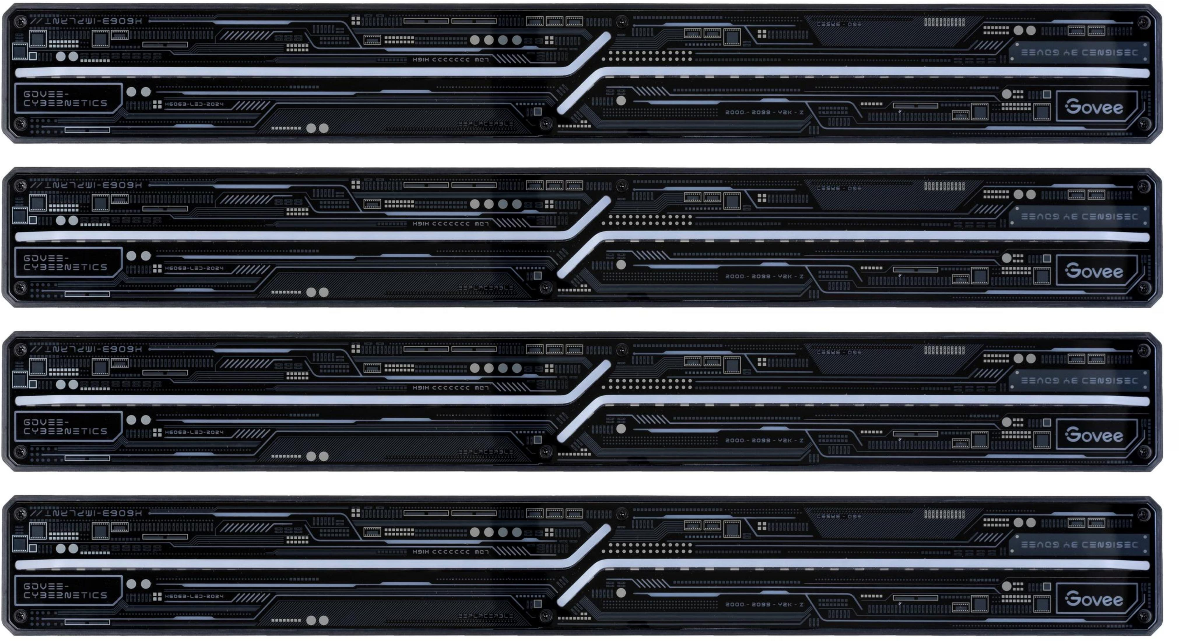 Quattro rack server neri con dettagli circuiti e logo Govee.