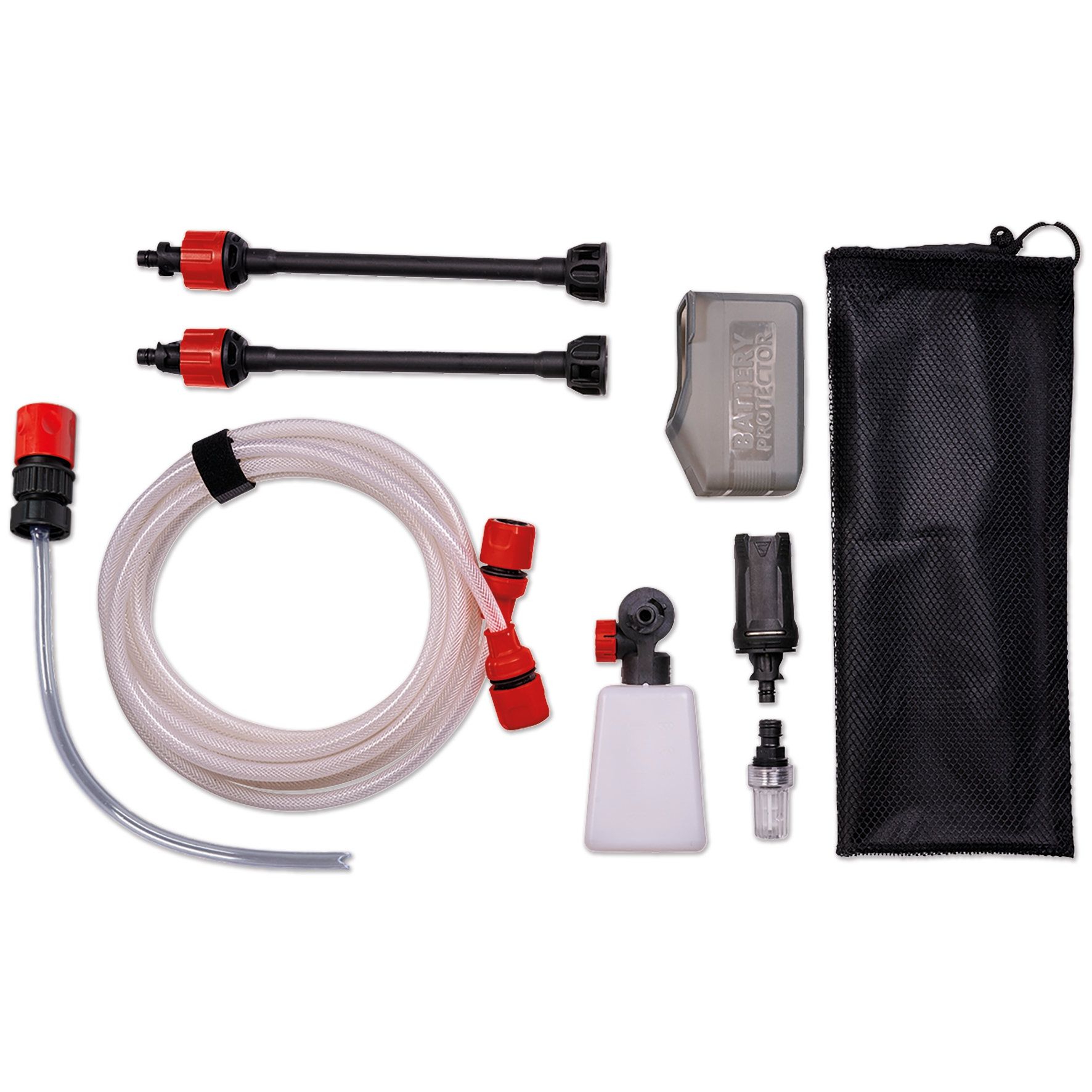 Accessoires pour outils de nettoyage : tuyaux, lances, flacon de savon, protection de batterie et sac.