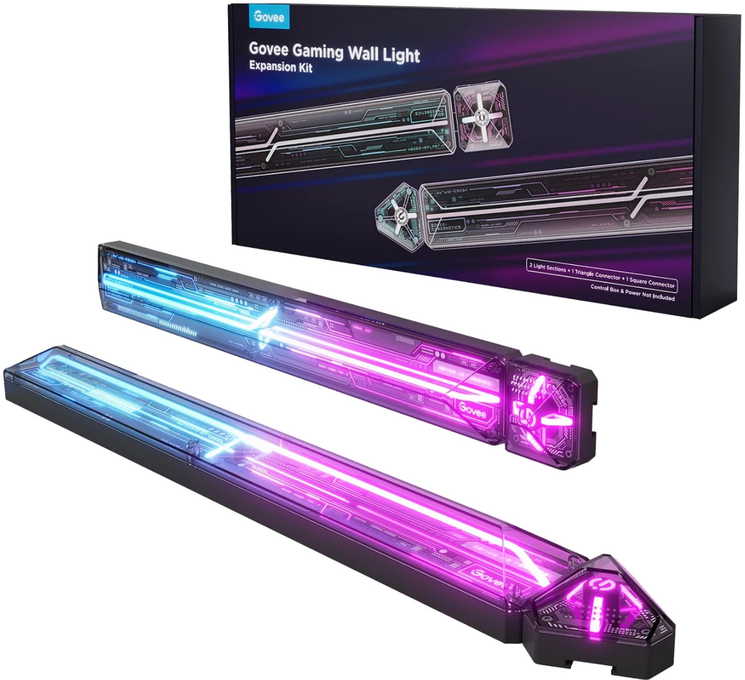 Kit di espansione Govee Gaming Wall Light con due barre illuminate blu e viola.