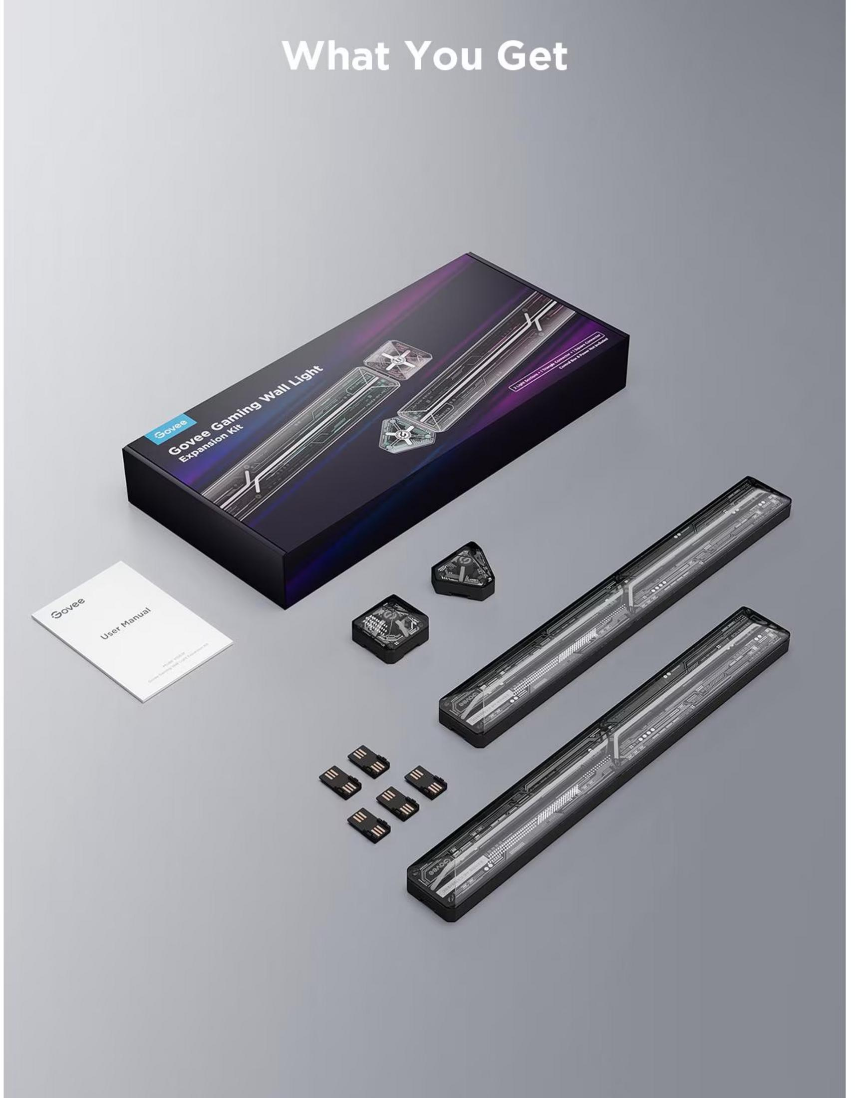 Kit di espansione Govee Gaming Wall Light con luci, connettori e manuale.