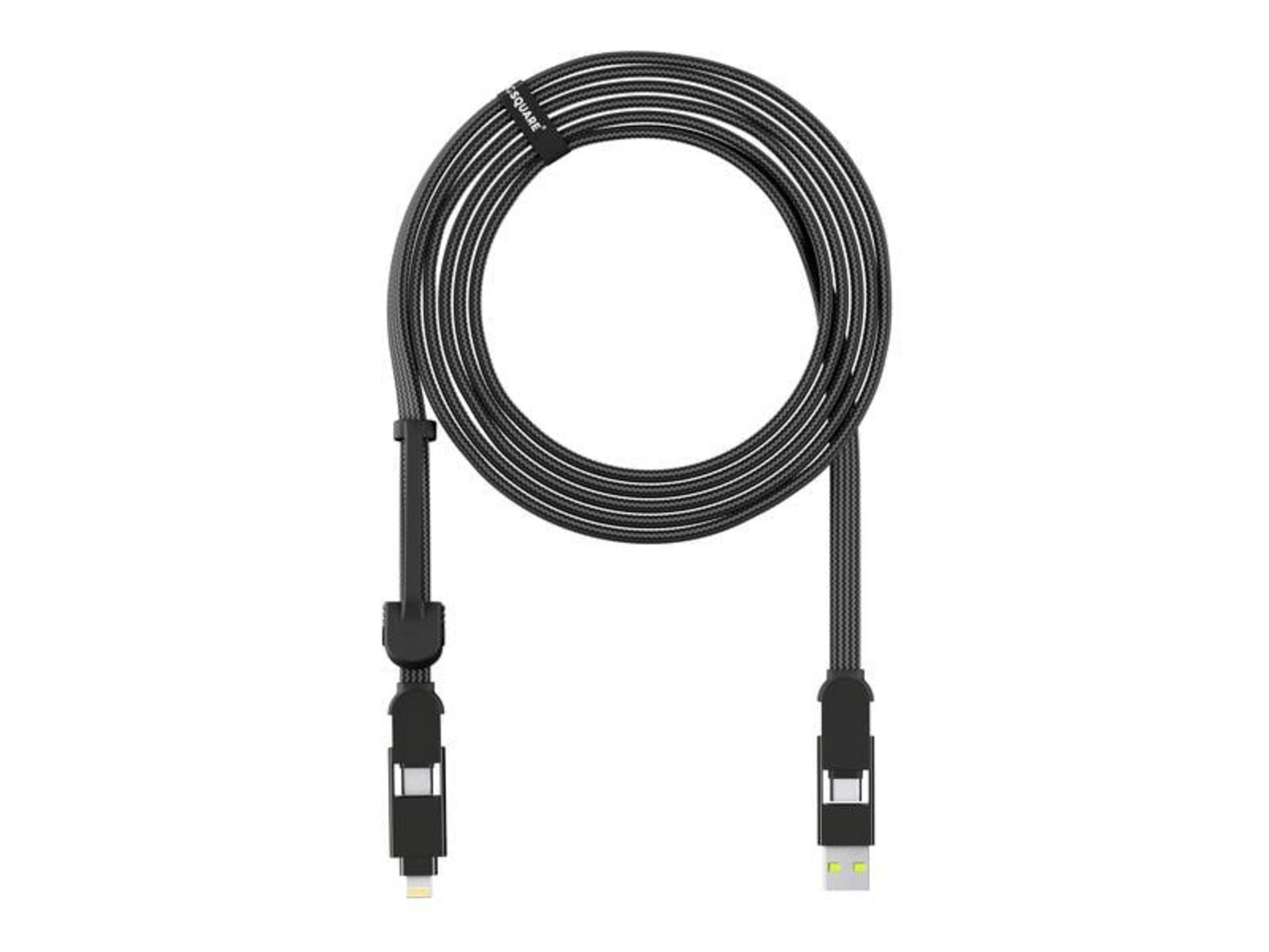 Schwarzes Ladekabel mit USB- und Lightning-Anschluss, aufgerollt.
