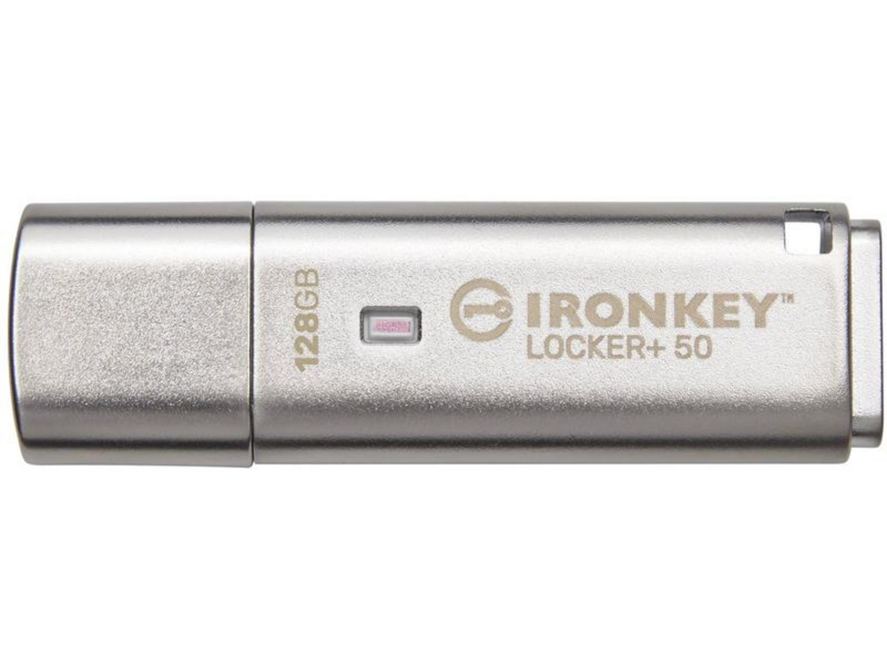 Srebrny pendrive 128 GB z marką IRONKEY LOCKER+ 50.