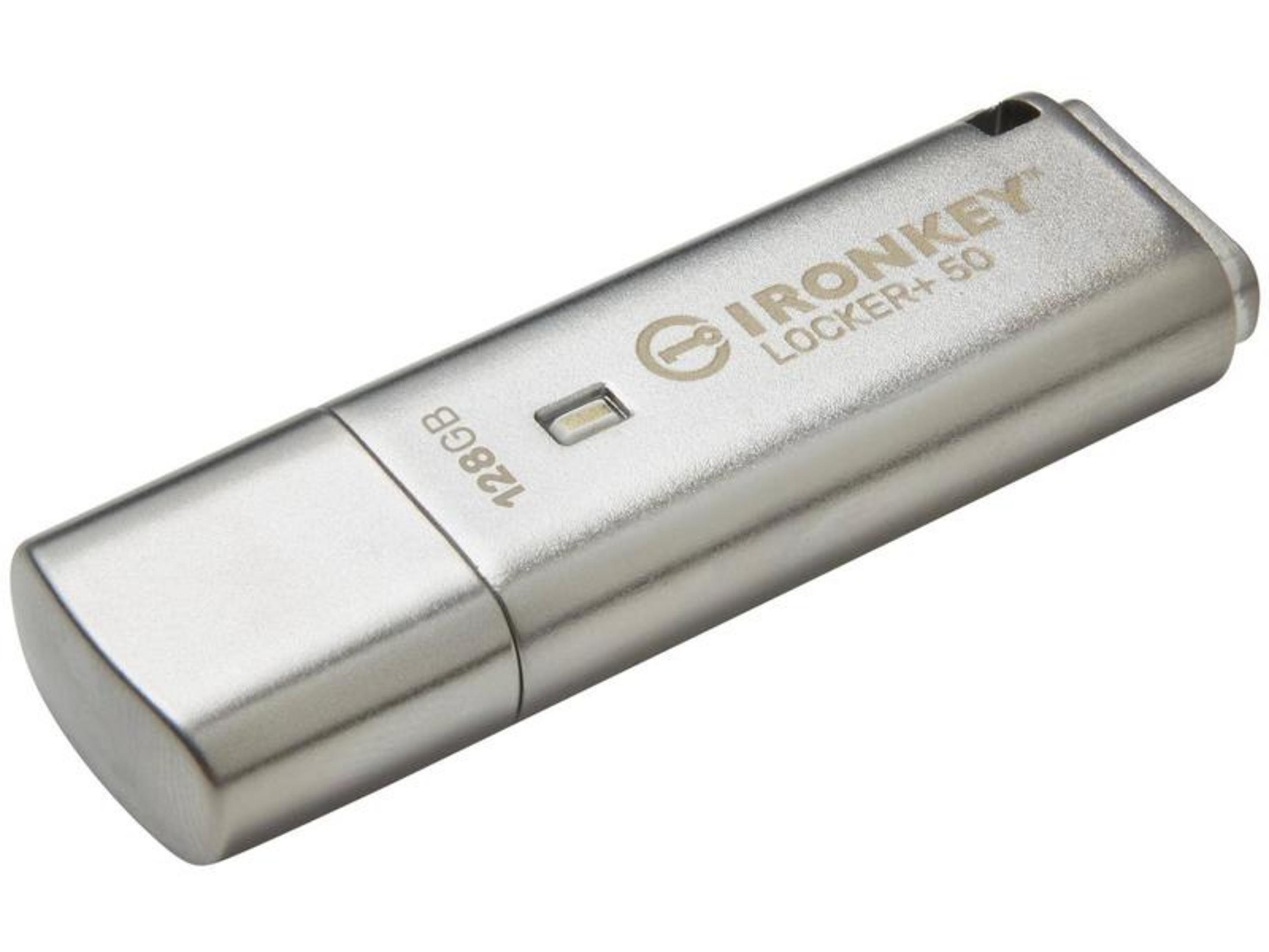 Srebrny pendrive 128 GB z oznaczeniem 'IronKey Locker+ 50'.