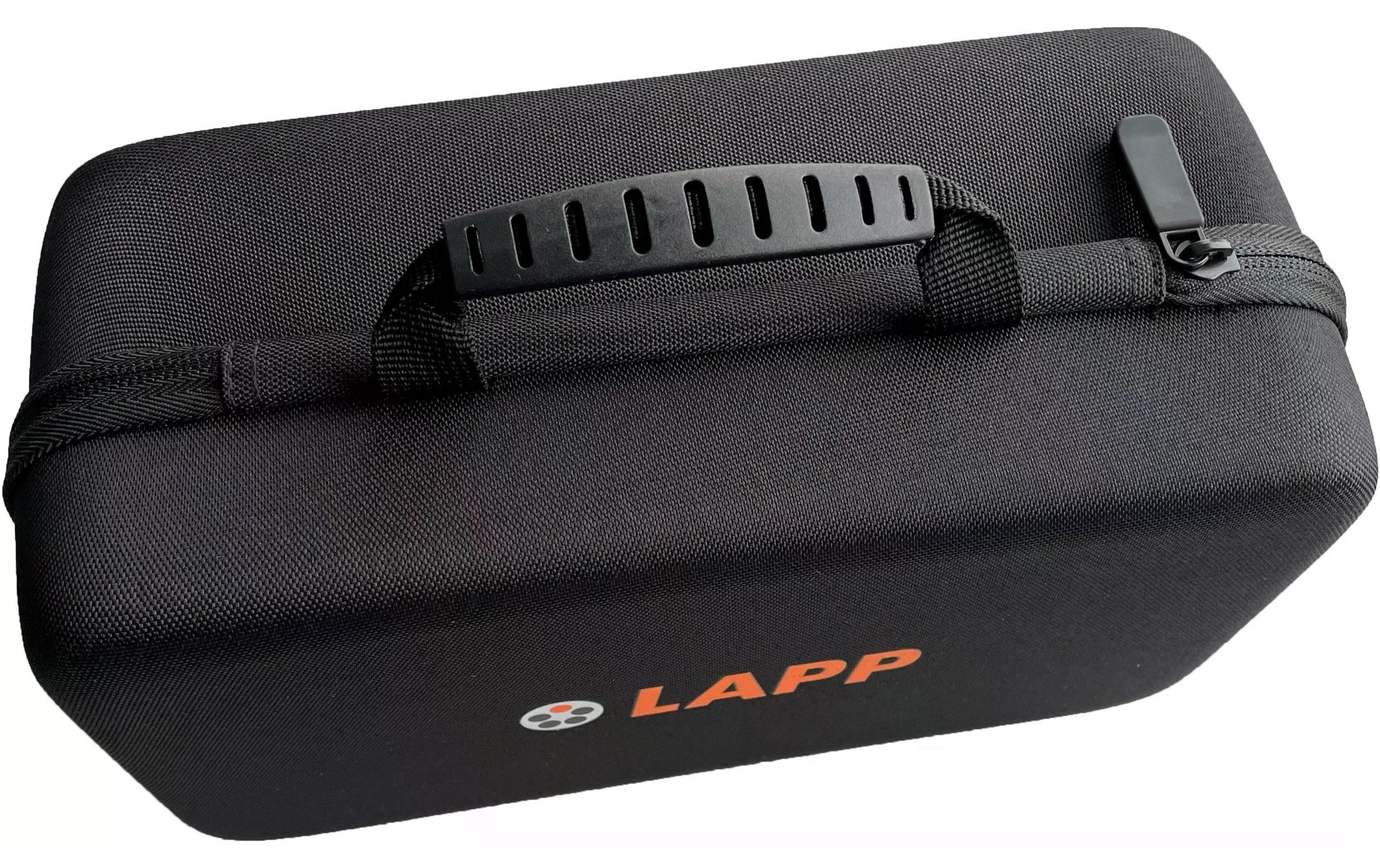 Schwarze LAPP-Tasche mit Griff und Reißverschluss.
