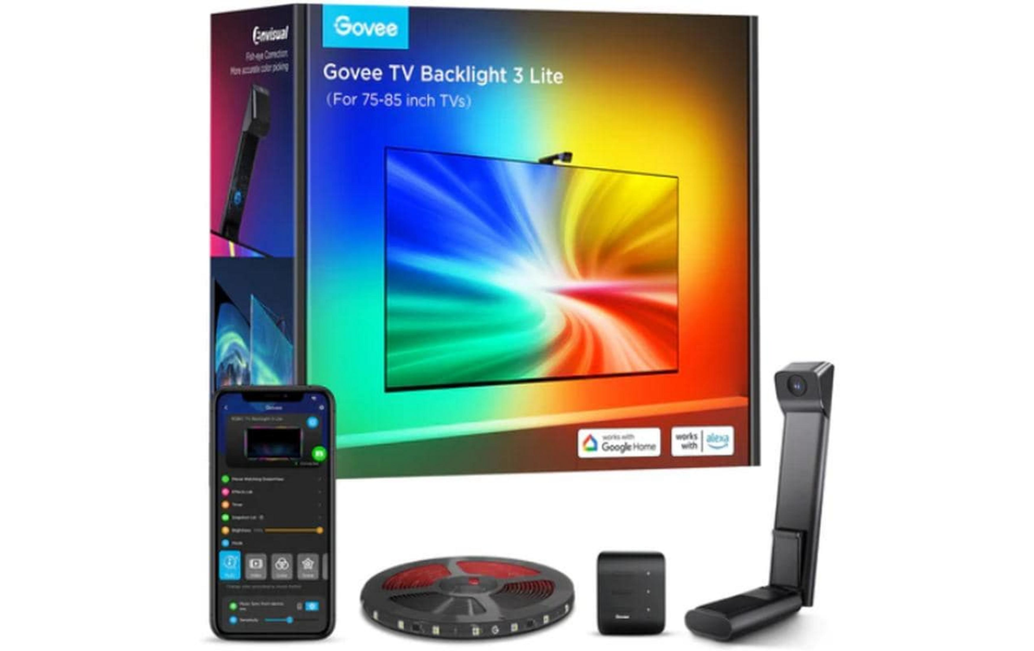 Govee TV Backlight 3 Lite set met smartphone, LED strip en camera.