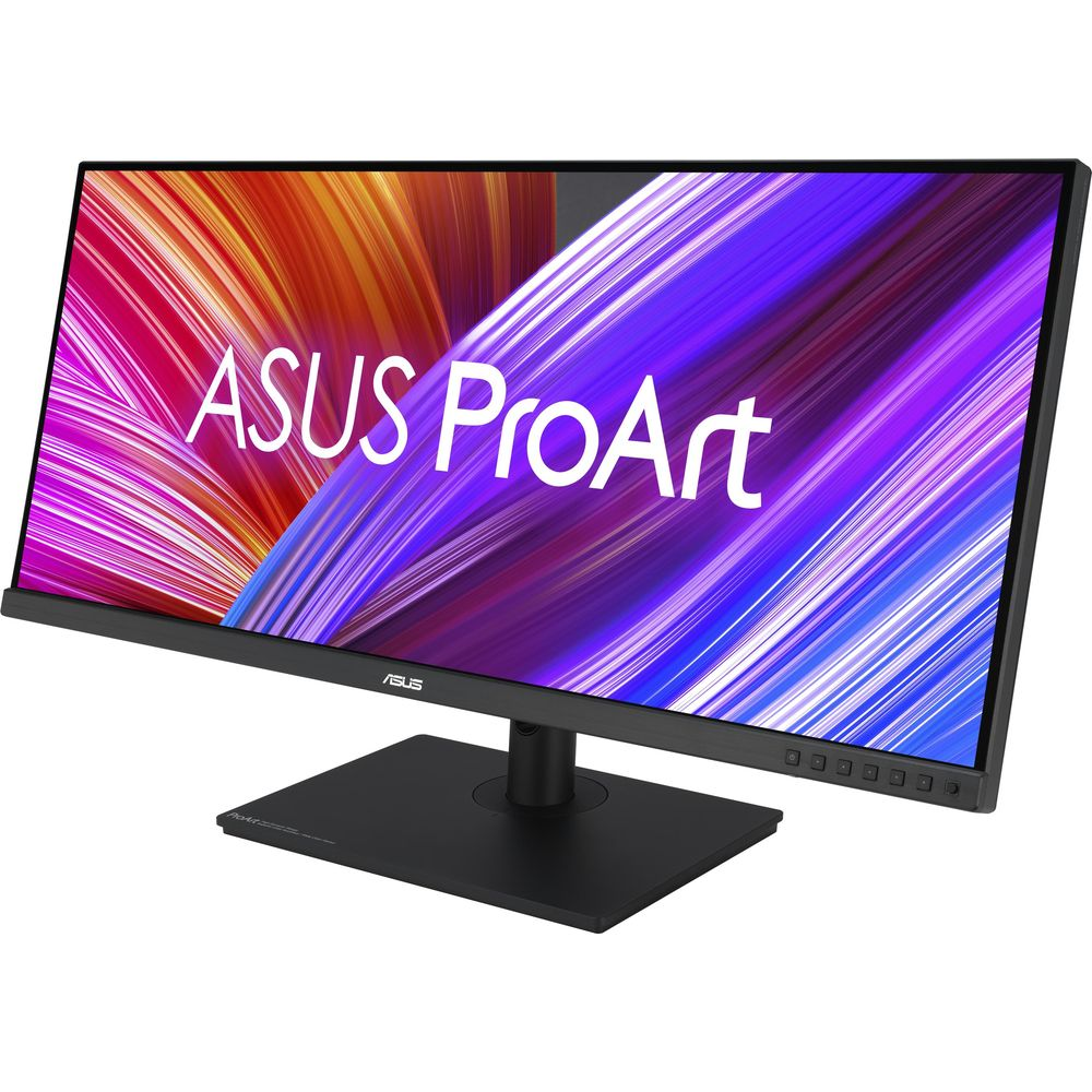 Czarny monitor ASUS ProArt z żywiołową, abstrakcyjną tapetą pokazującą kolorowe linie.