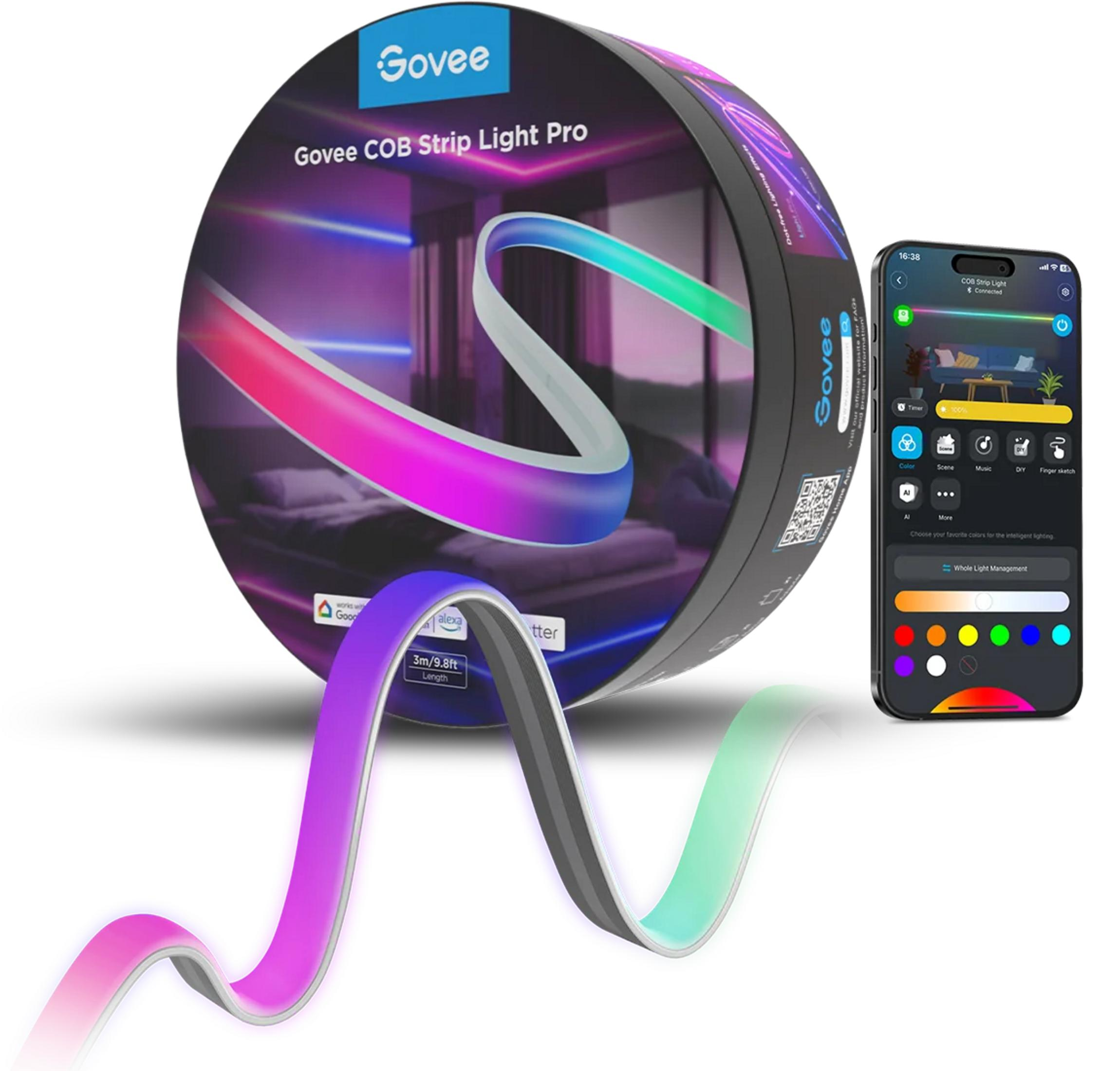 Striscia LED Govee COB e app smartphone con controllo colore e selezione scene.