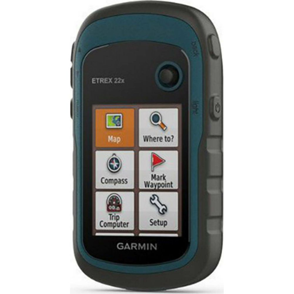 Un dispositivo GPS Garmin eTrex 22x con pantalla que muestra iconos de Mapa, ¿A dónde?, Brújula, Marcar punto, Ordenador de viaje y Configuración.