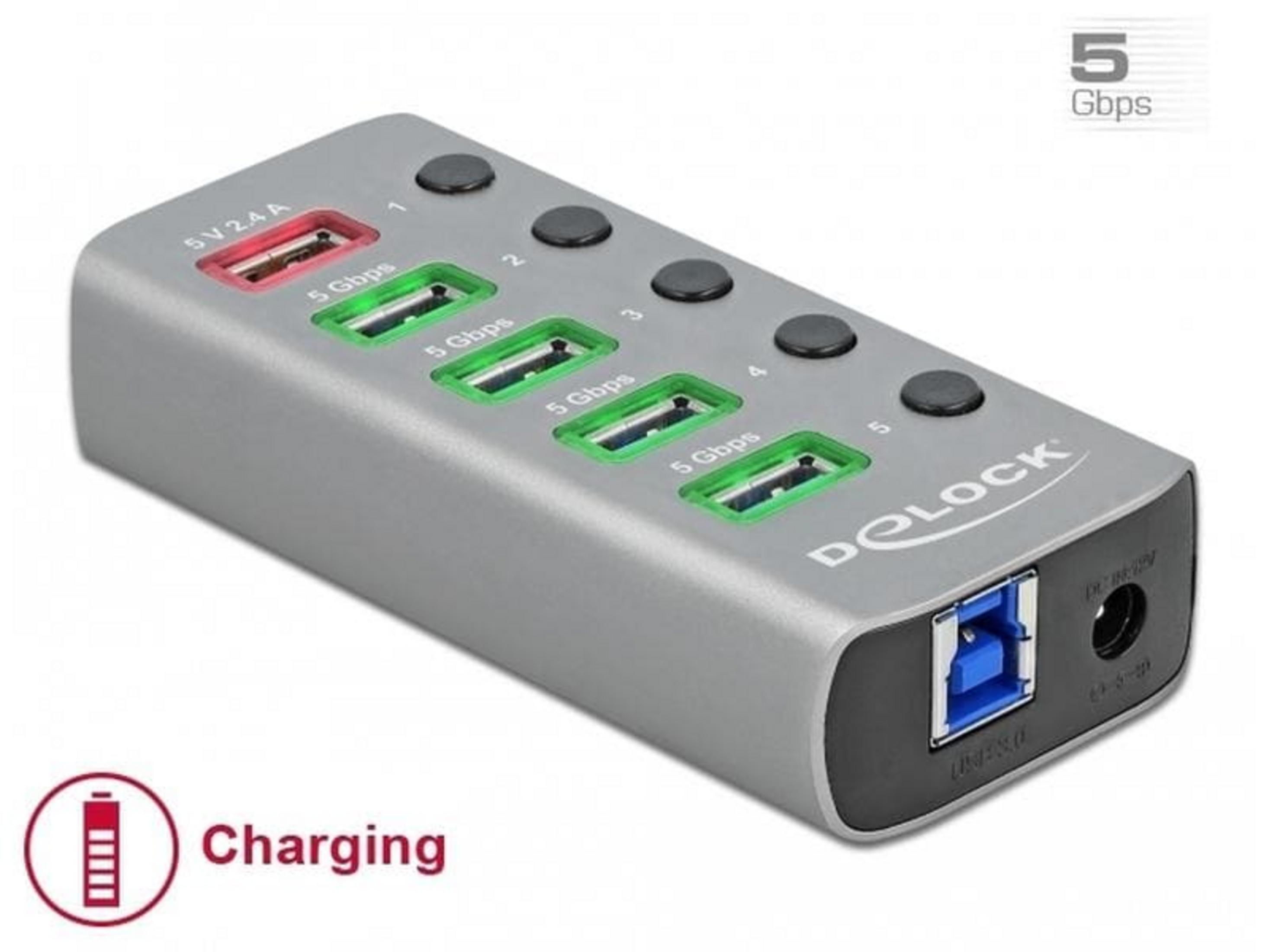 Hub USB gris 5 ports avec port USB 3.0 bleu et indicateur de charge.