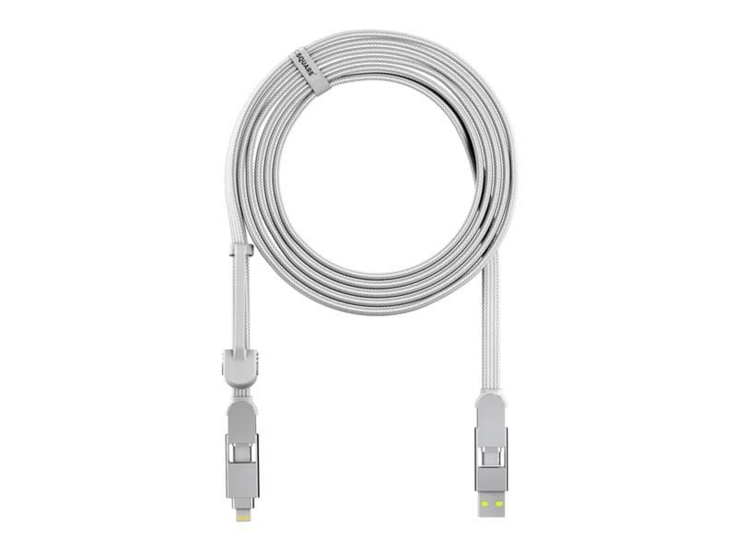 Ein weißes Ladekabel mit zwei Anschlüssen, aufgerollt.