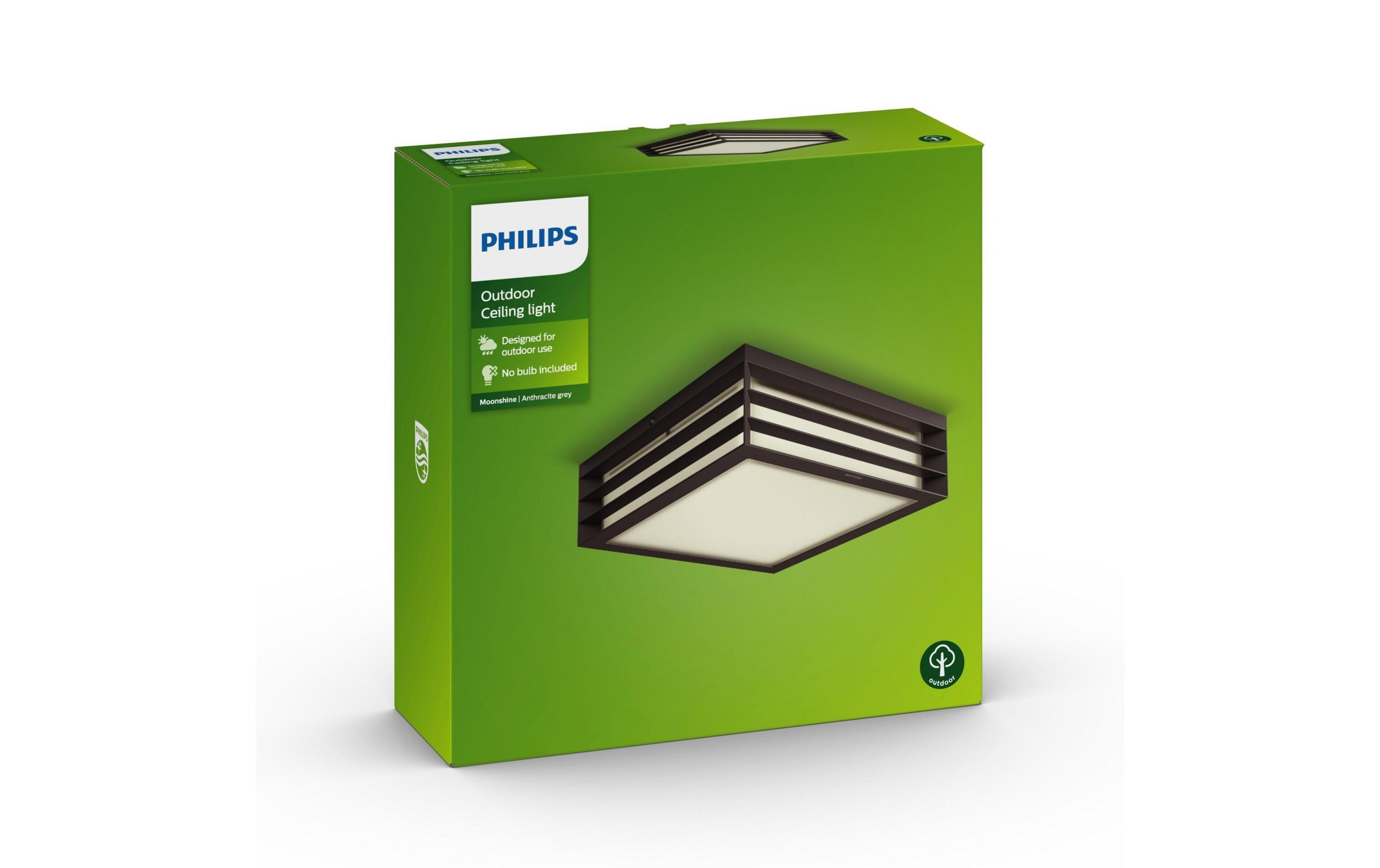 Caja verde Philips que muestra una lámpara de techo exterior y detalles.