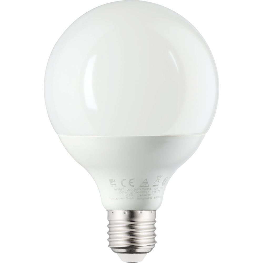Una bombilla LED blanca con base E27 y detalles técnicos.
