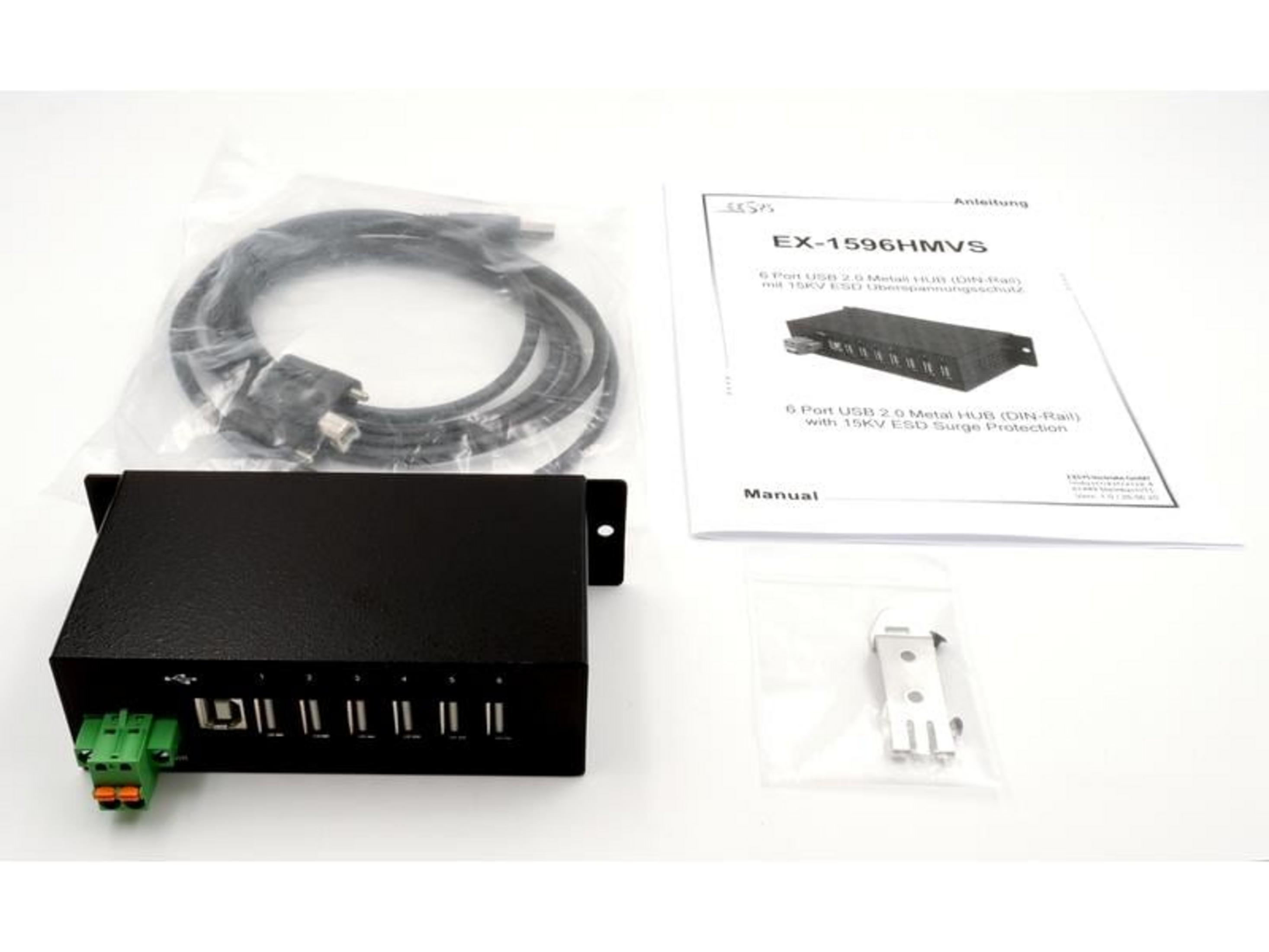Hub metallico nero USB 2.0 a 6 porte con manuale, cavo e hardware.