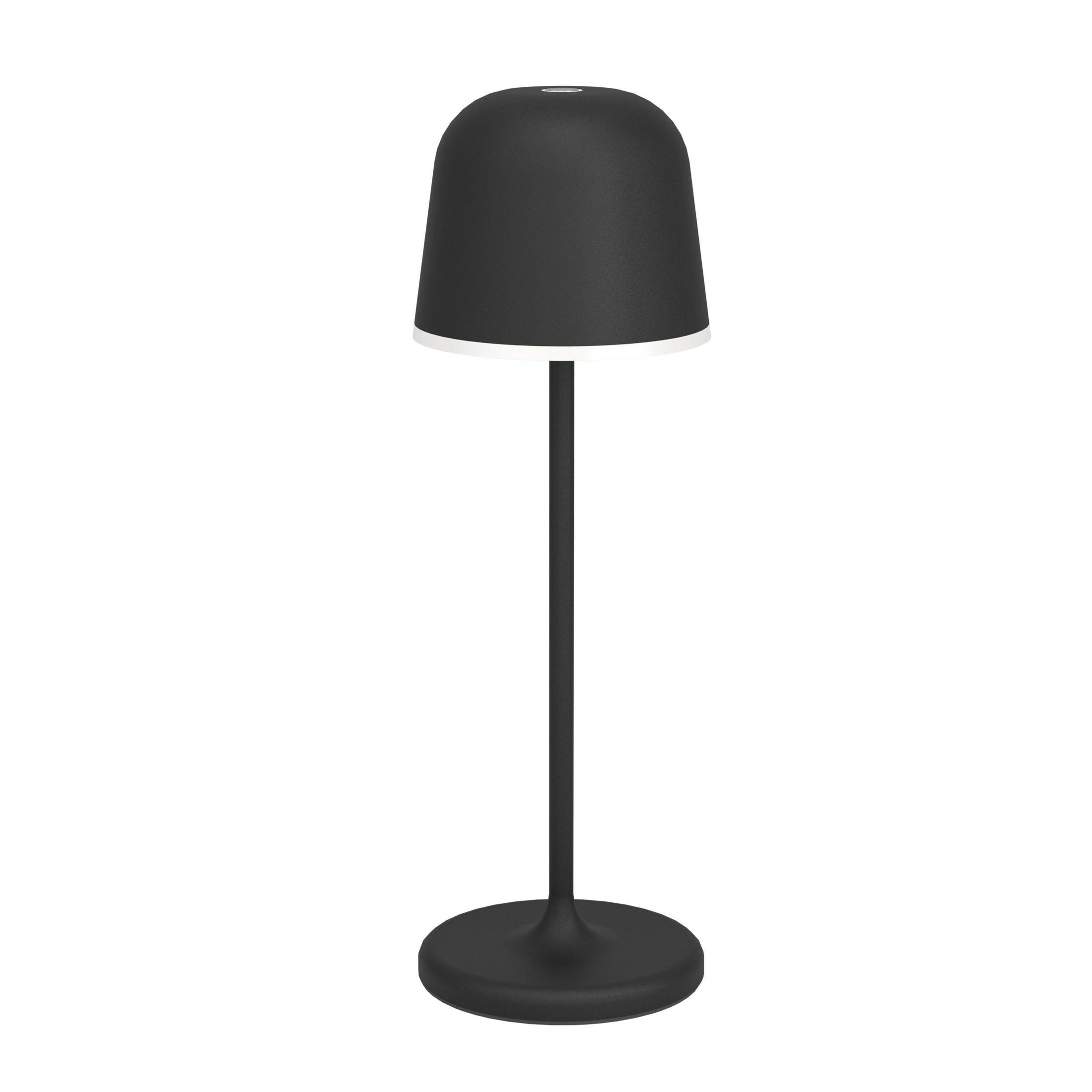 Eine schwarze Tischlampe mit rundem Fuß, schmalem Ständer und kuppelförmigem Schirm.