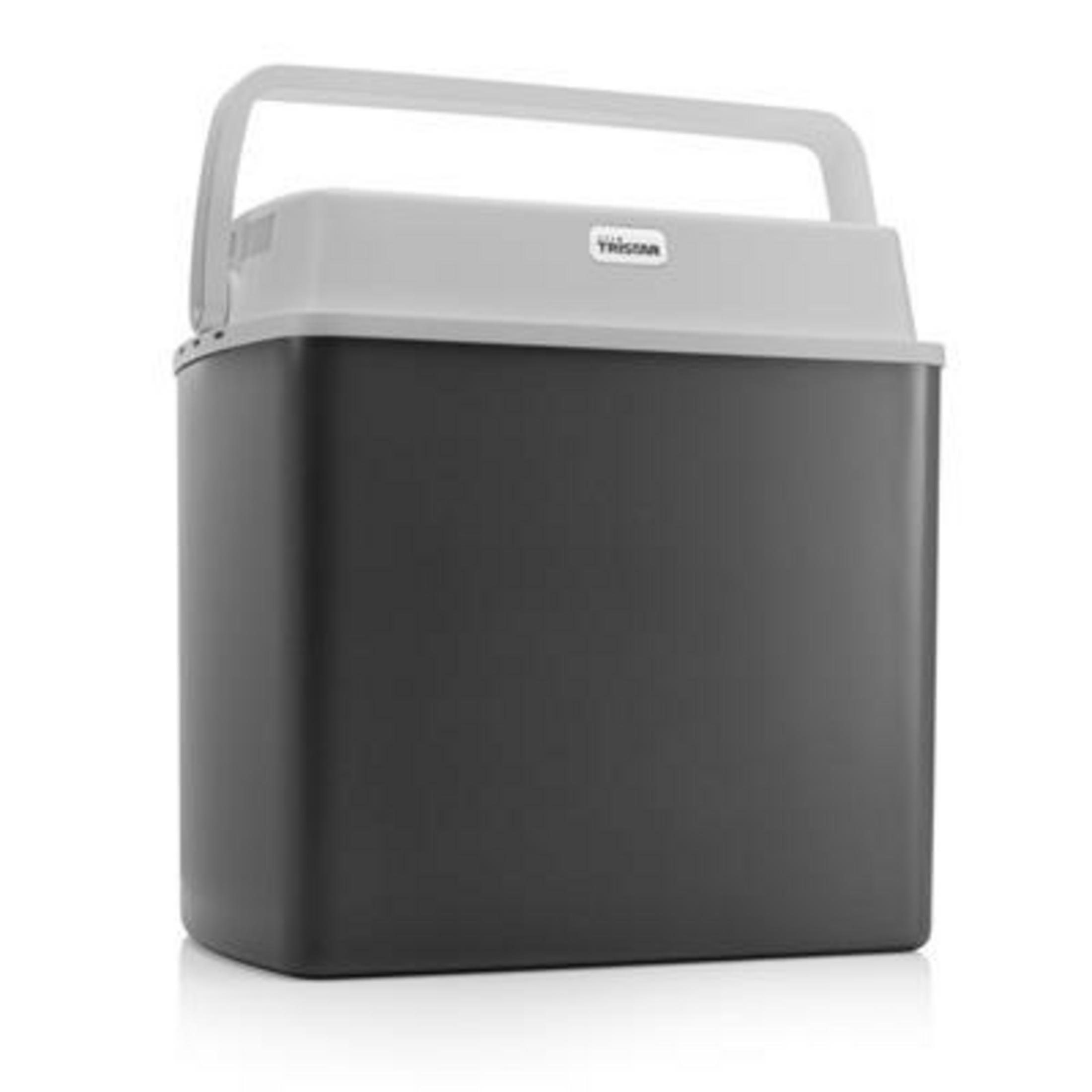 Una borsa frigo grigio scuro con coperchio e manico grigio chiaro.