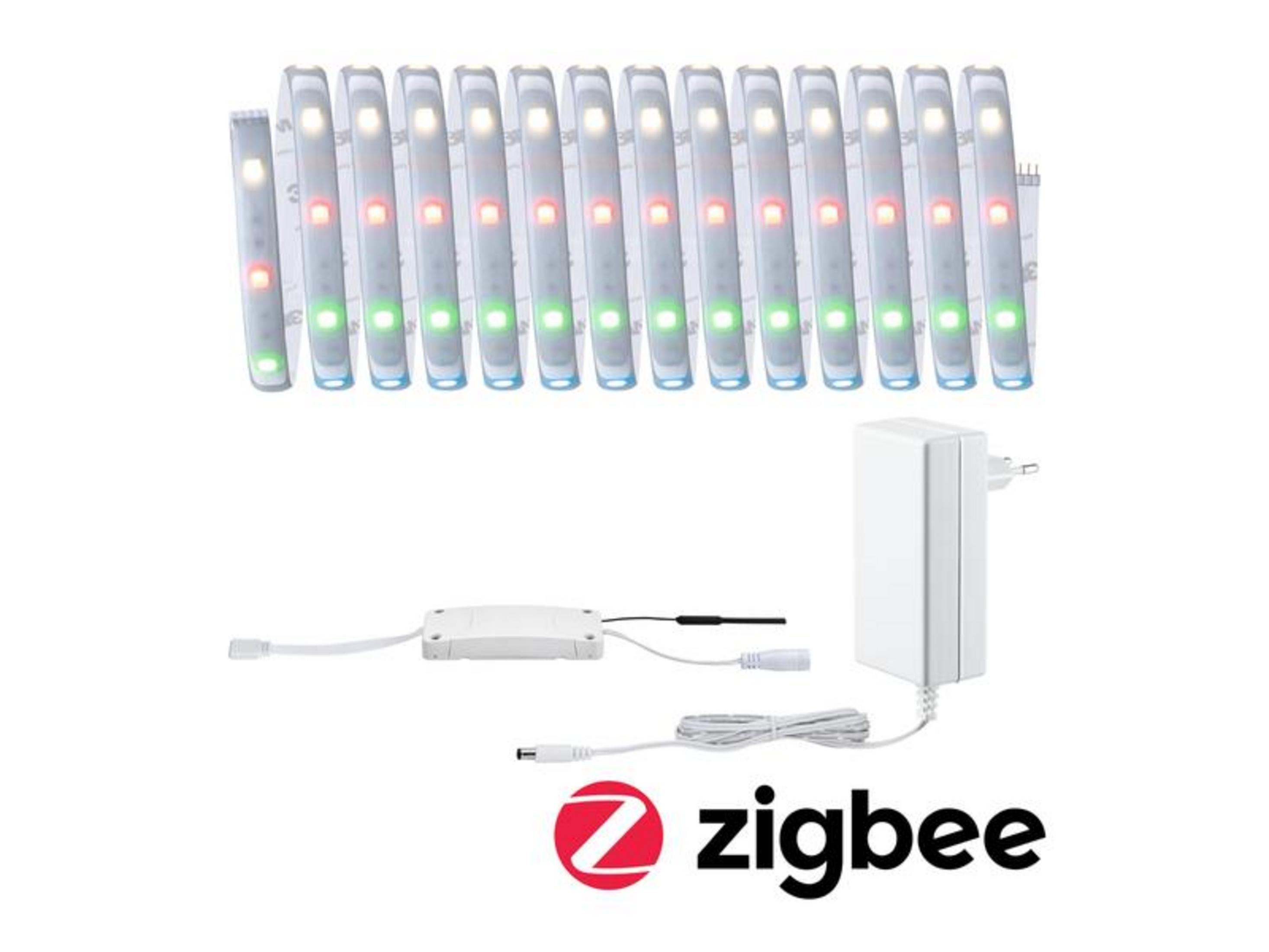 Ein aufgerollter LED-Streifen mit roten, grünen und weißen Lichtern, mit Controller, Netzteil und Zigbee-Logo.
