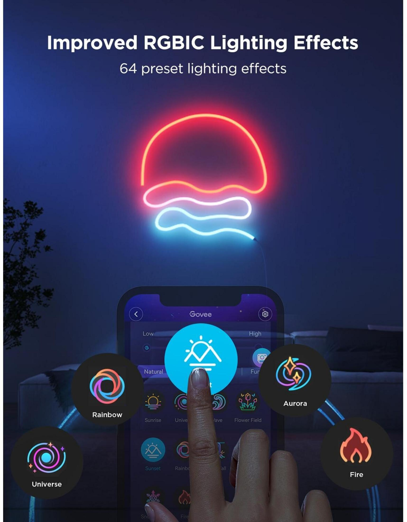 Neon kwallamp met app-bediening toont lichteffecten zoals 'Regenboog'.