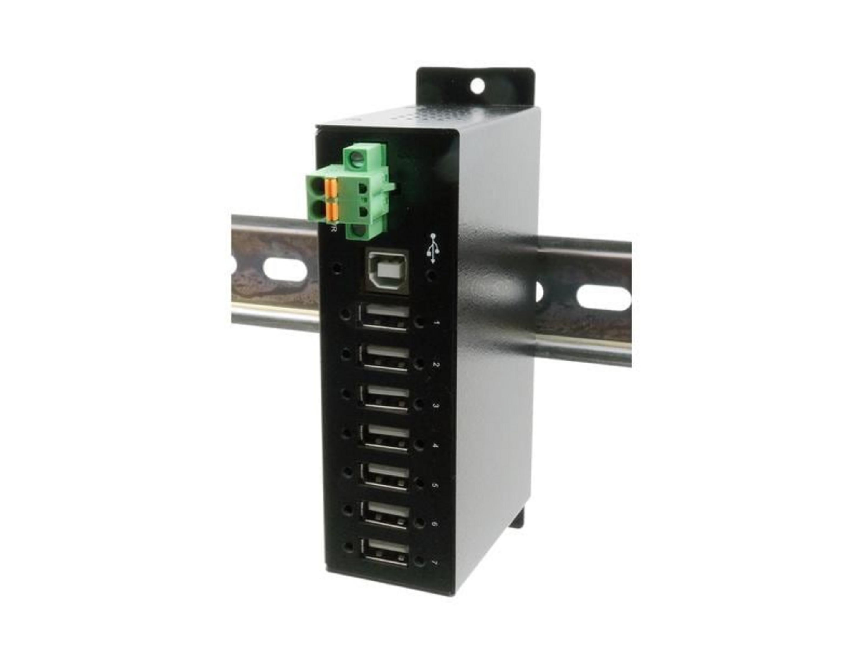 Hub USB nero a 8 porte montato su guida DIN con morsettiera verde.