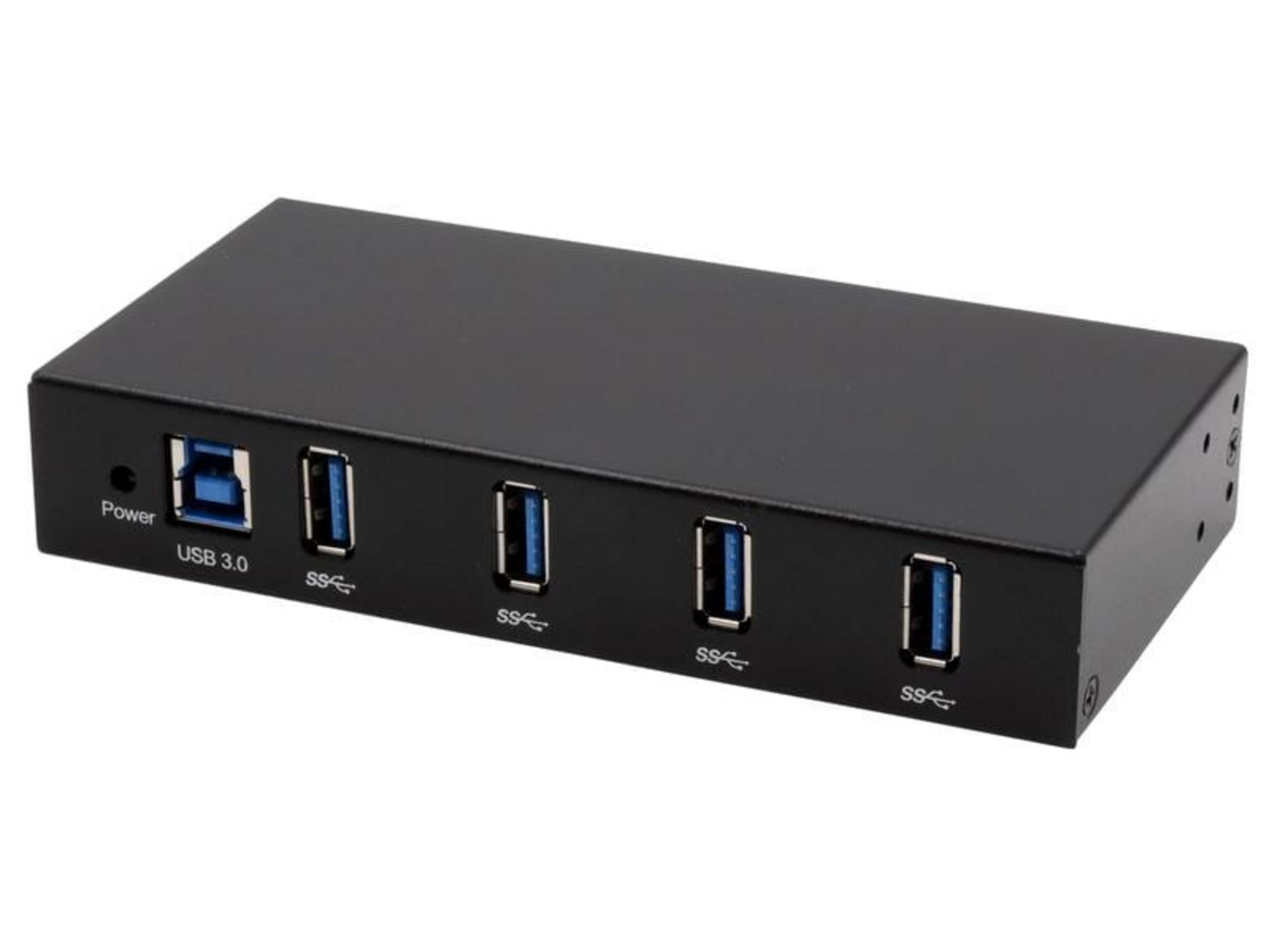 Hub USB 3.0 nero con quattro porte e prese blu.