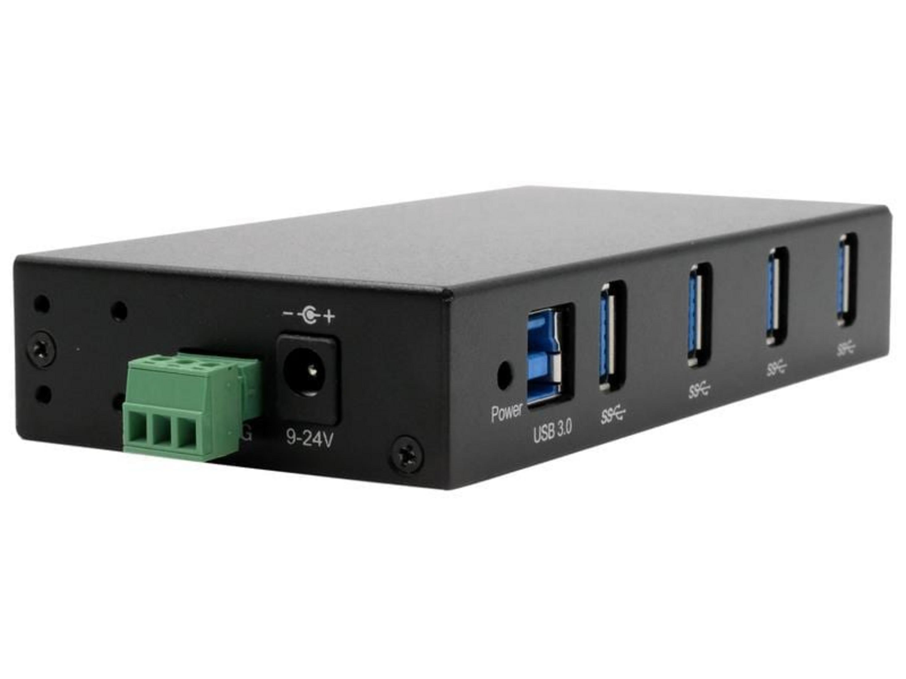 Hub USB 3.0 nero con 4 porte, ingresso alimentazione e morsettiera verde.