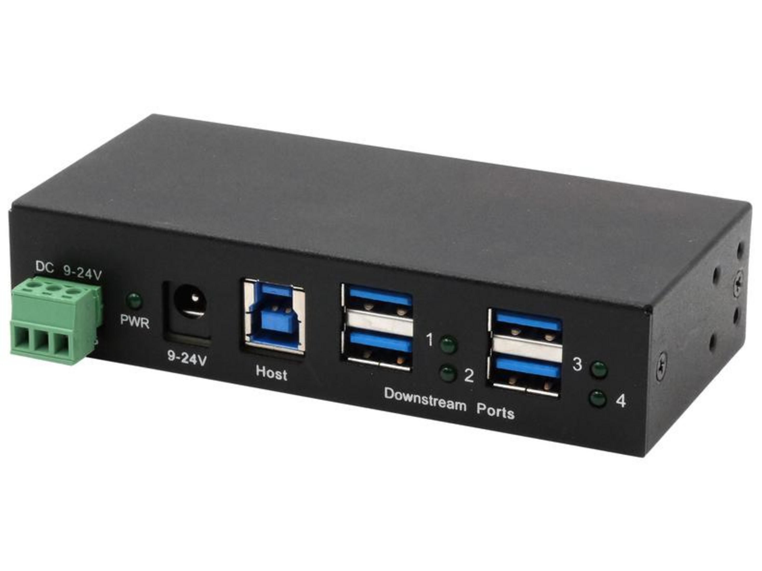 Hub USB nero a 5 porte con ingresso alimentazione DC e morsettiera verde.
