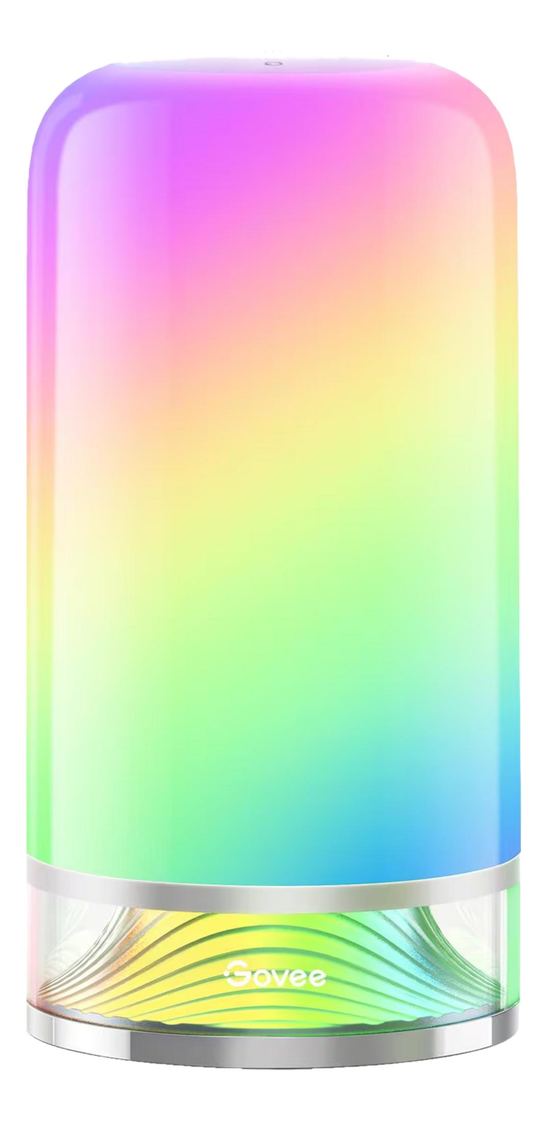 Une lumière cylindrique Govee avec un dégradé violet vers vert et jaune.