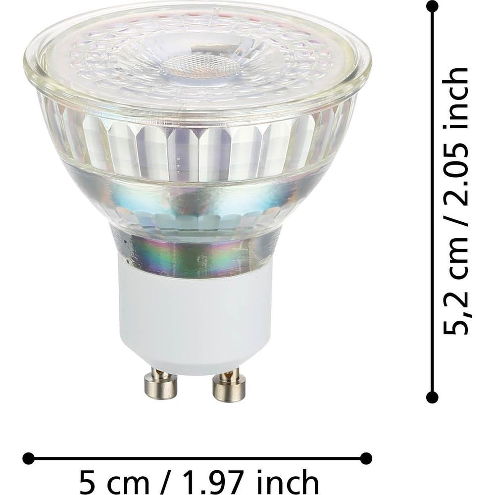 Eine klare LED-Lampe mit weißem Sockel und zwei Metallstiften. Maße sind angegeben.