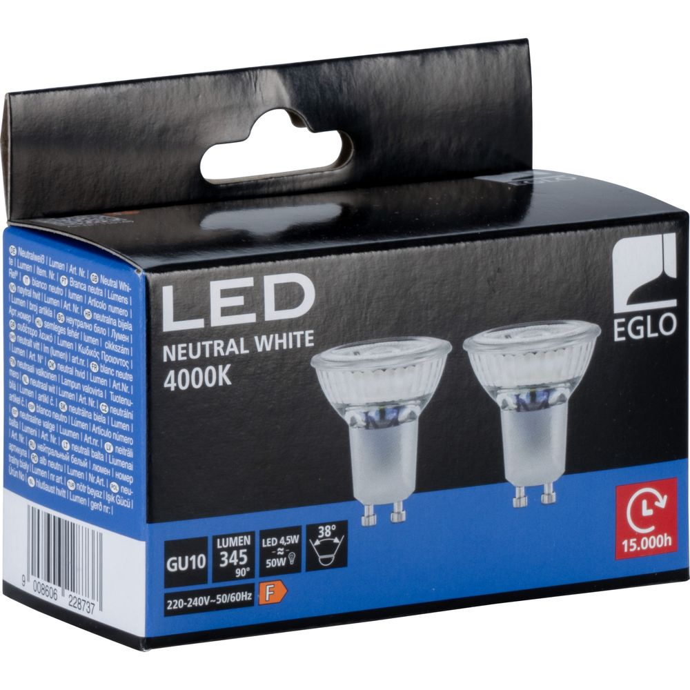 Verpackung für zwei EGLO LED-Lampen, neutralweiß, 4000K, GU10 Sockel.