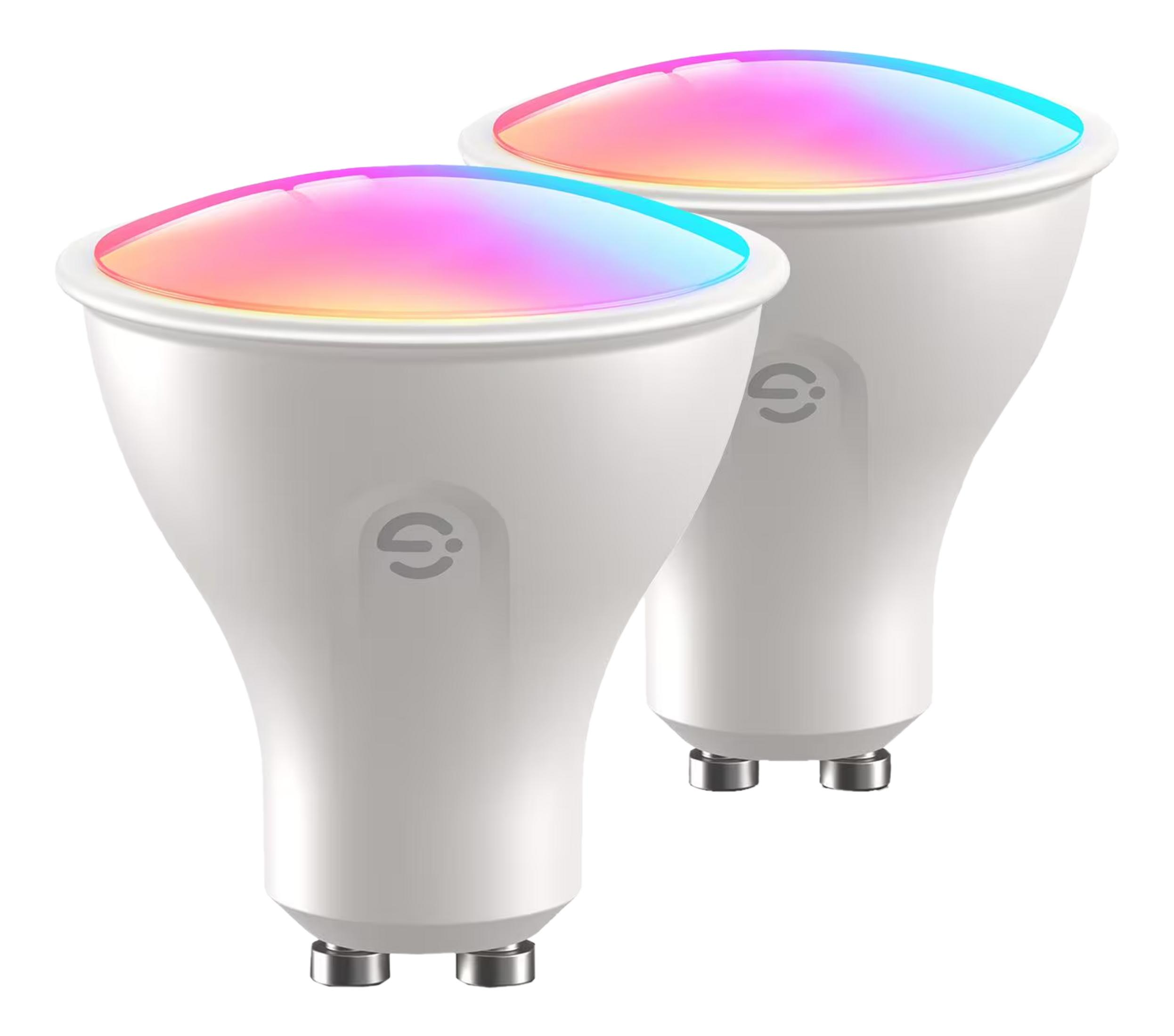Due lampadine LED GU10 bianche con luce colorata, primo piano.
