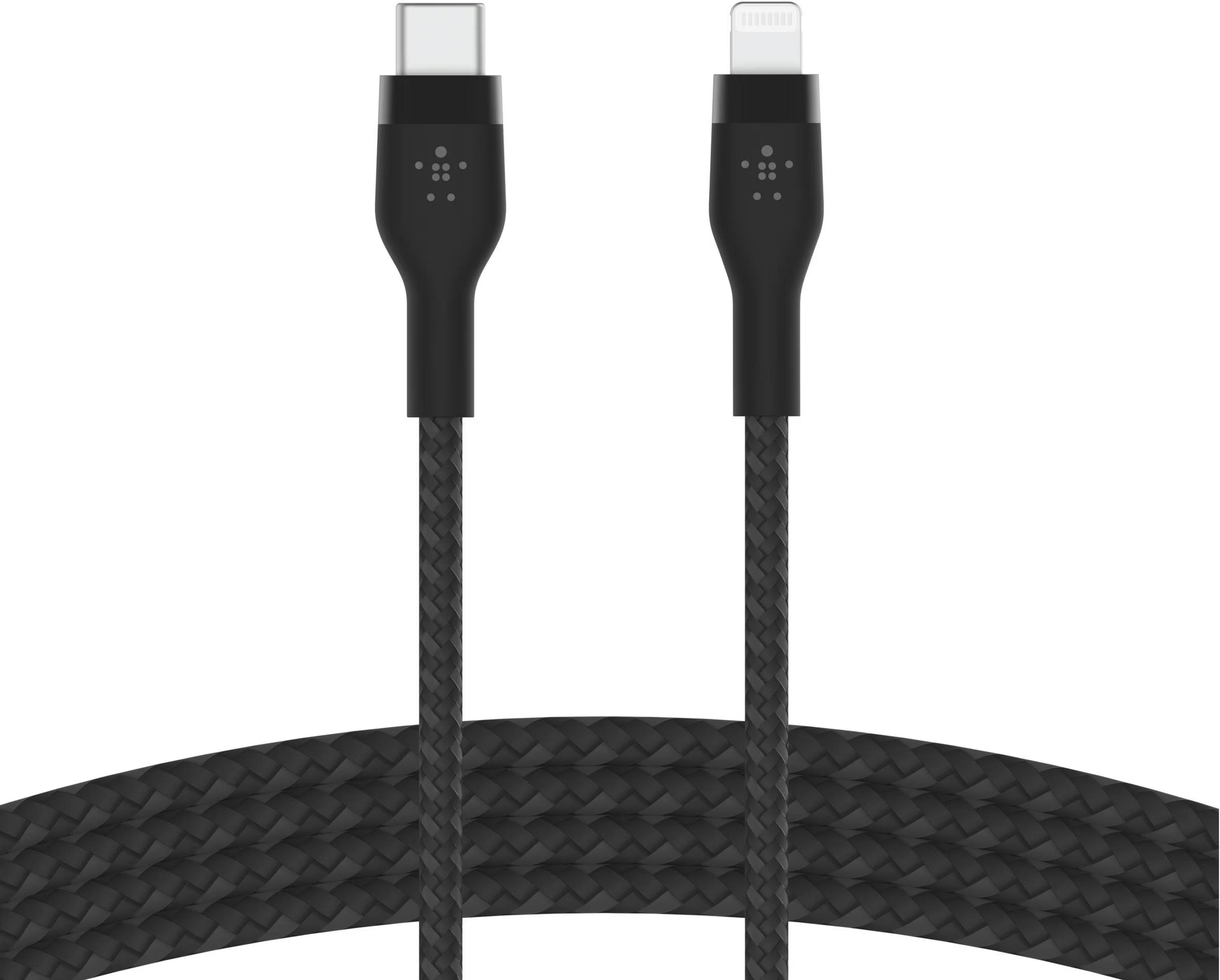 Deux câbles noirs avec connecteurs USB-C et Lightning, fond blanc.
