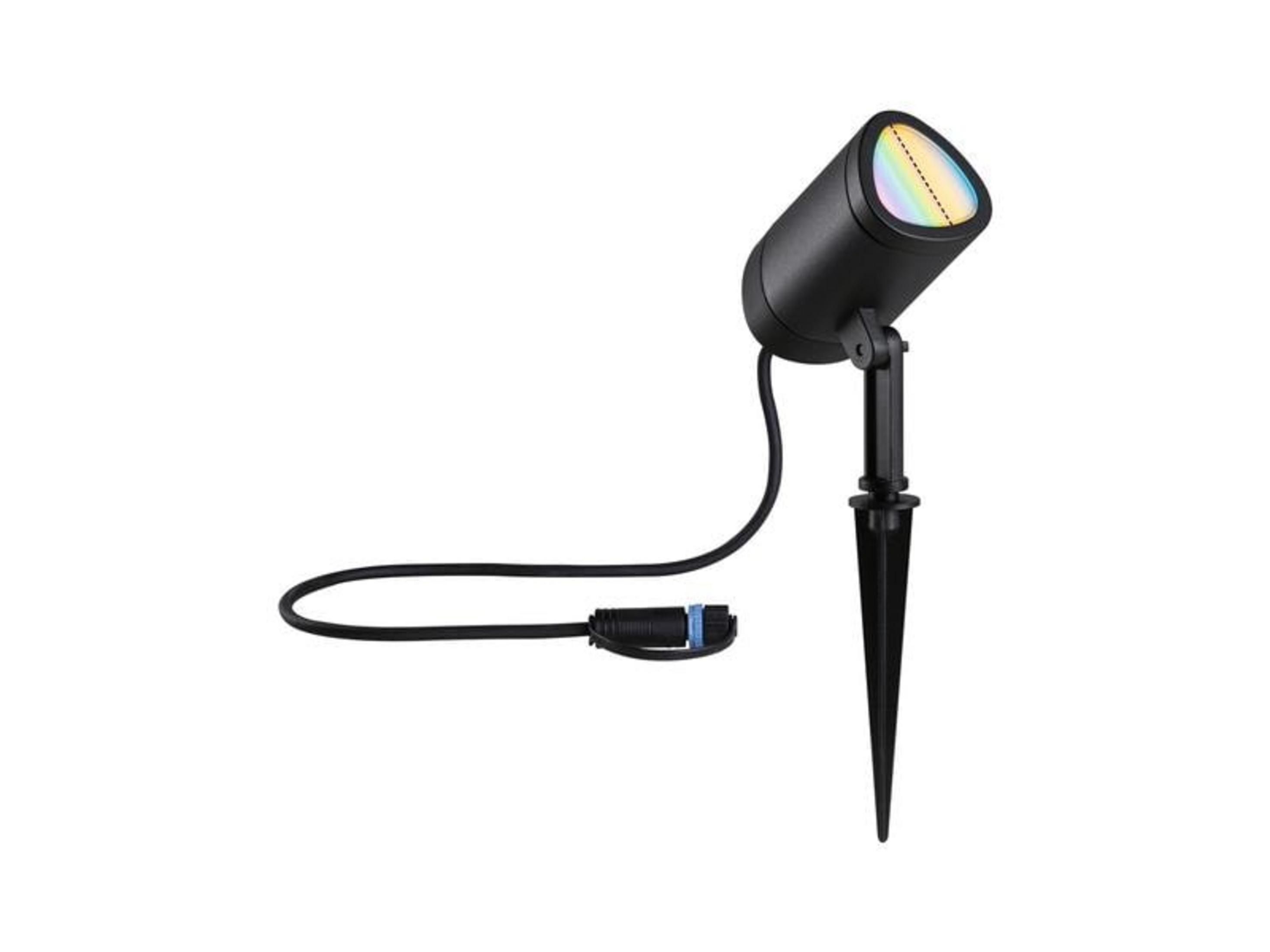 Czarny reflektor z szpilką i kablem. Pokazuje wzór światła tęczy.