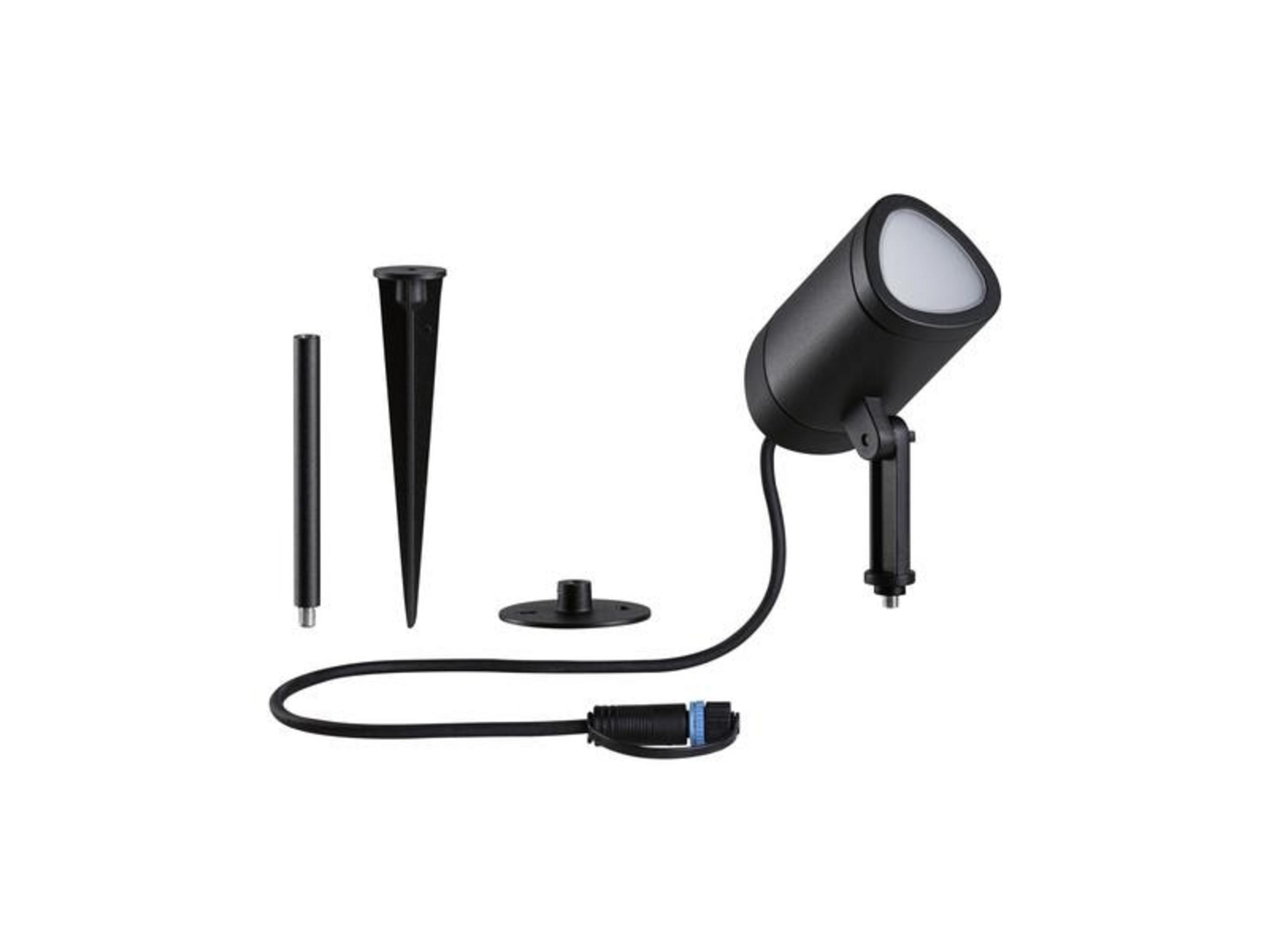 Czarny reflektor z bolcem, tyczką i podstawą.