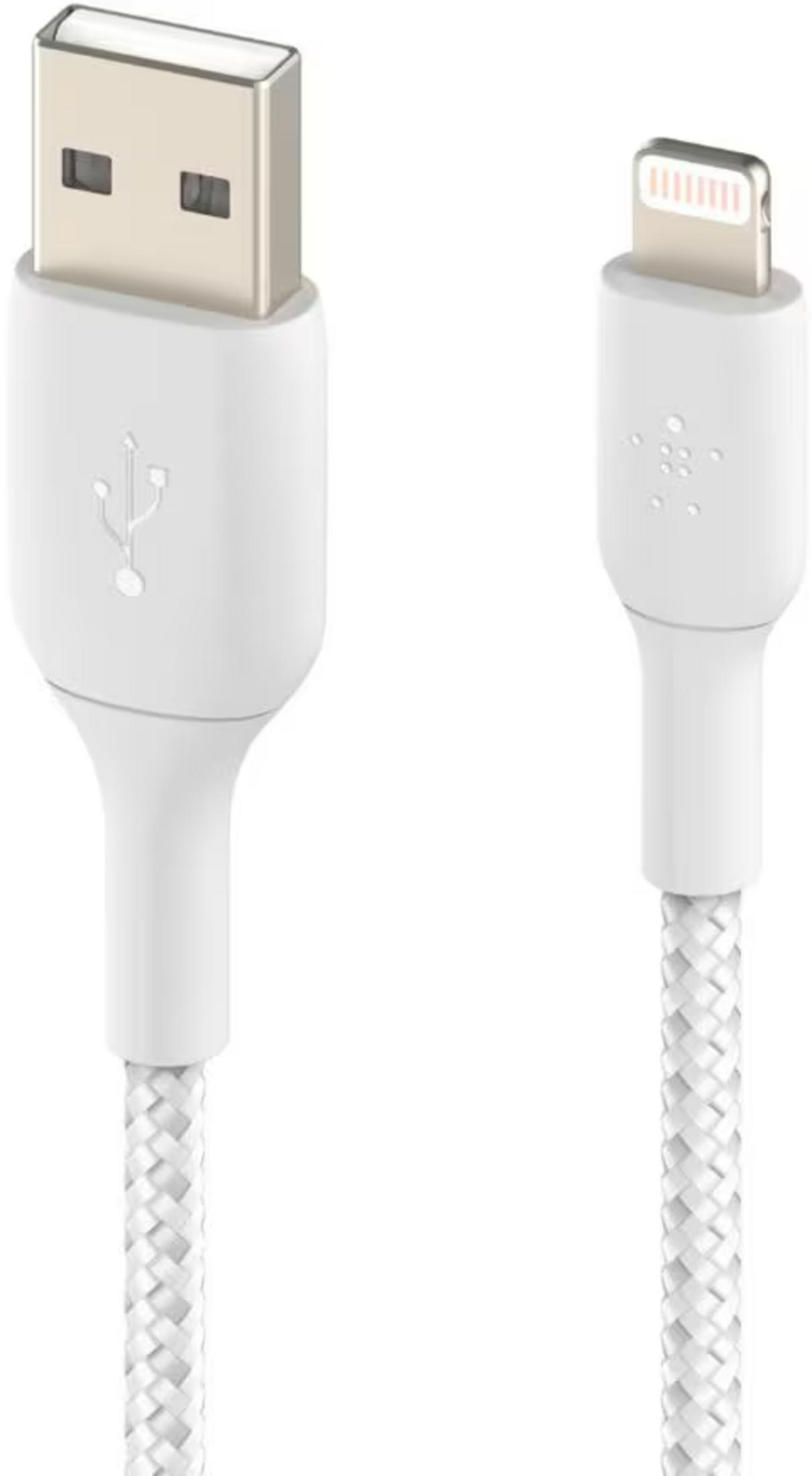 Câble blanc USB-A vers Lightning au design tressé.