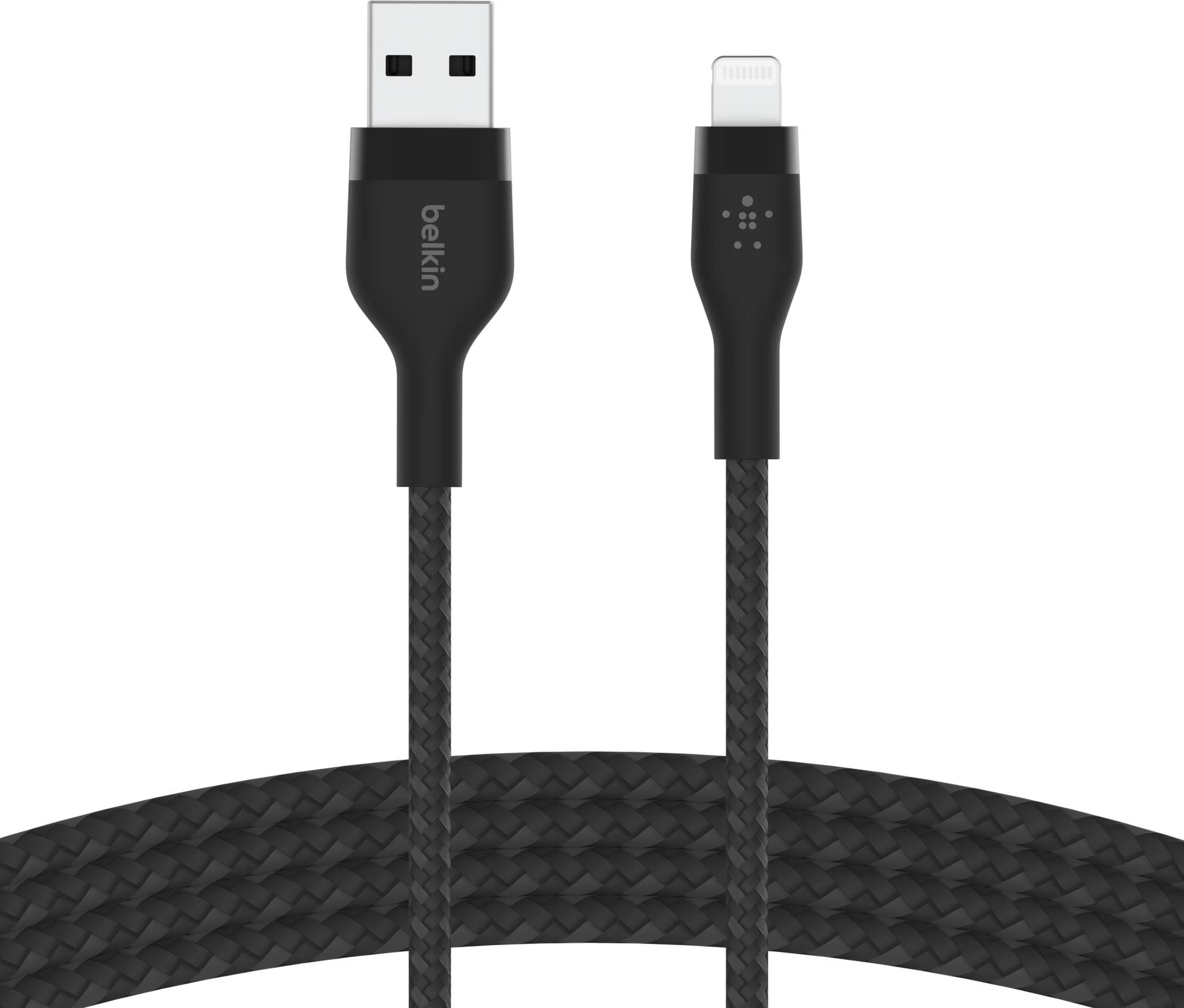 Câble noir USB-A vers Lightning avec tissu tressé.