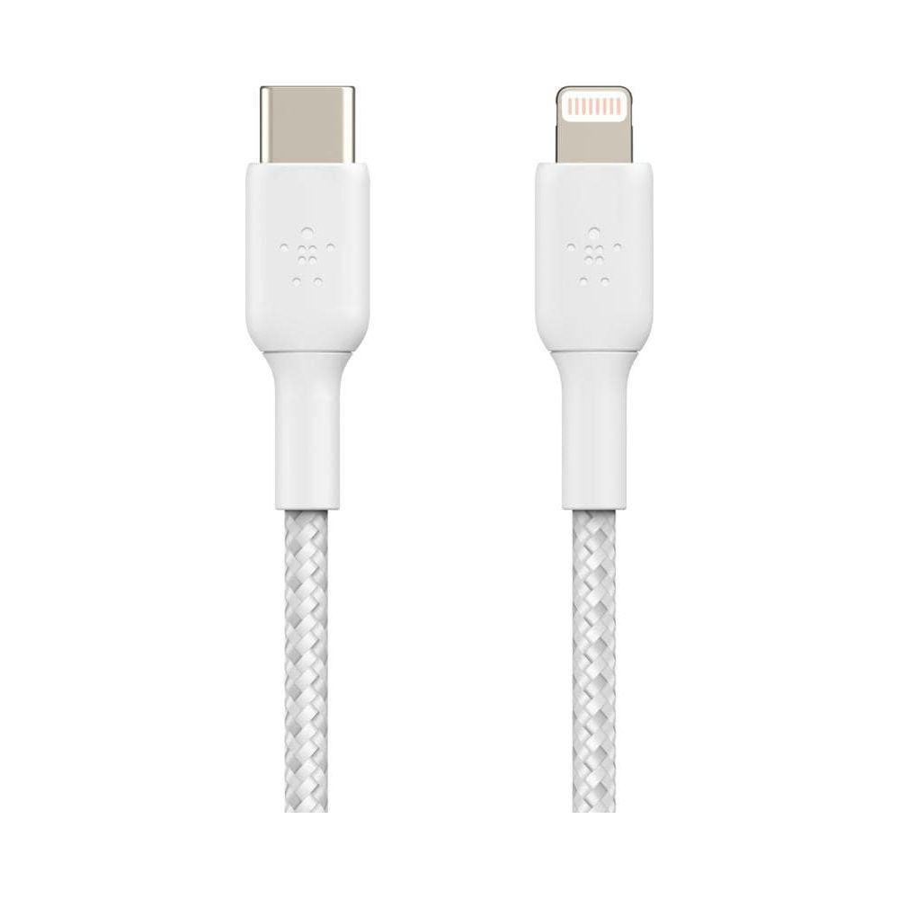 Un câble USB-C vers Lightning blanc avec tissu tressé.