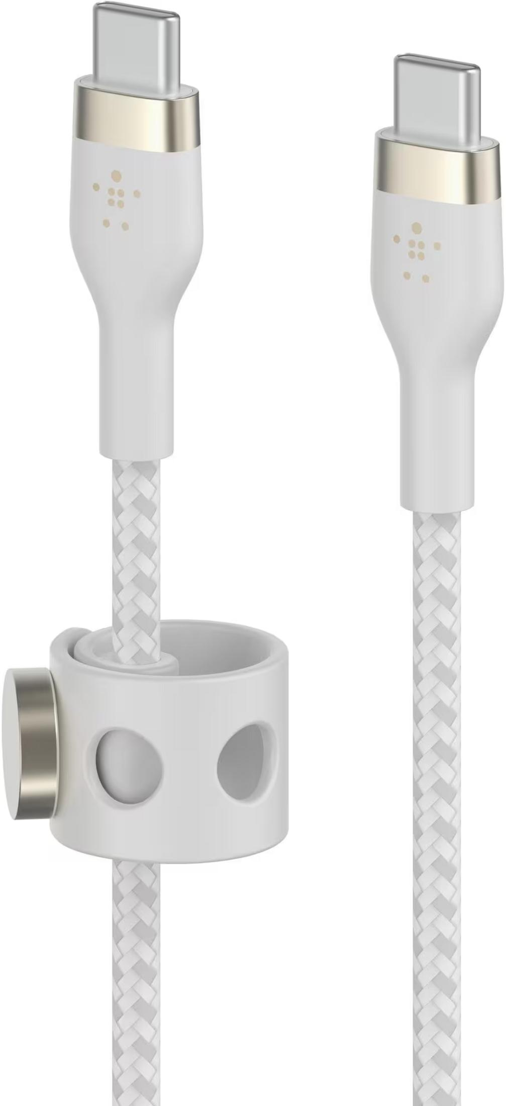 Due cavi USB-C bianchi con connettori argentati e un fermacavo.