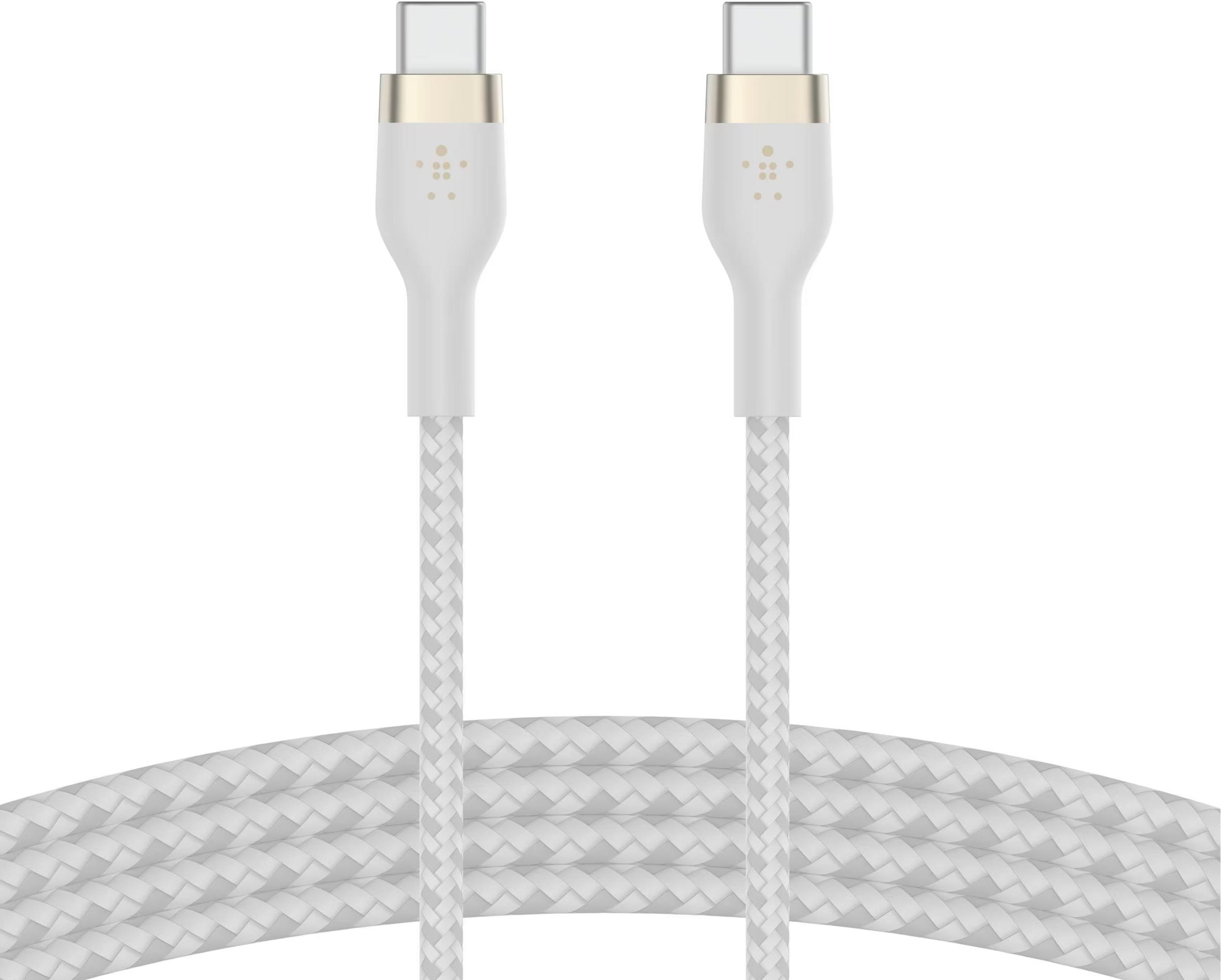 Due cavi USB-C bianchi con guaina intrecciata e accenti dorati.