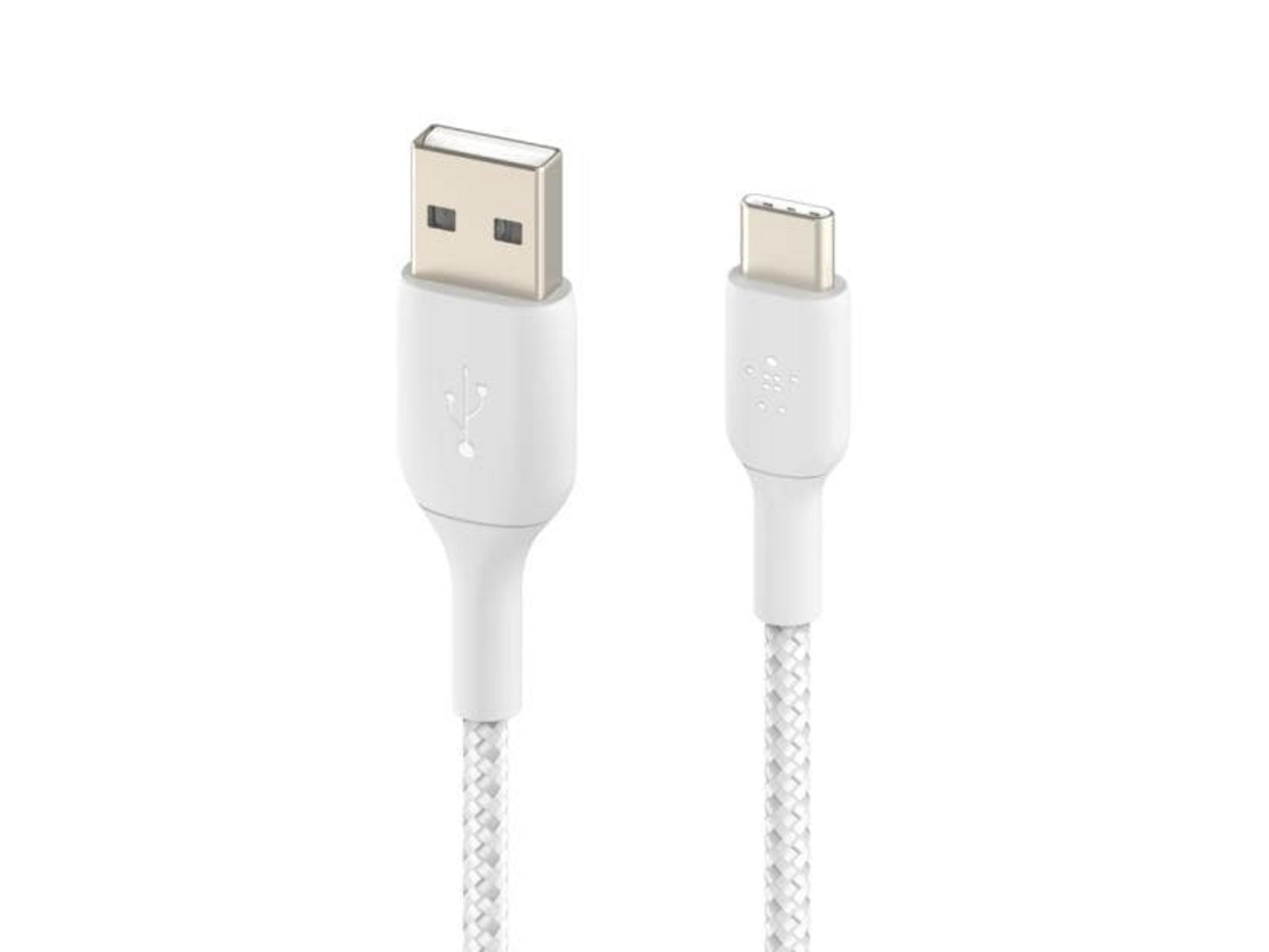 Witte USB-A naar USB-C kabel met gevlochten stof.