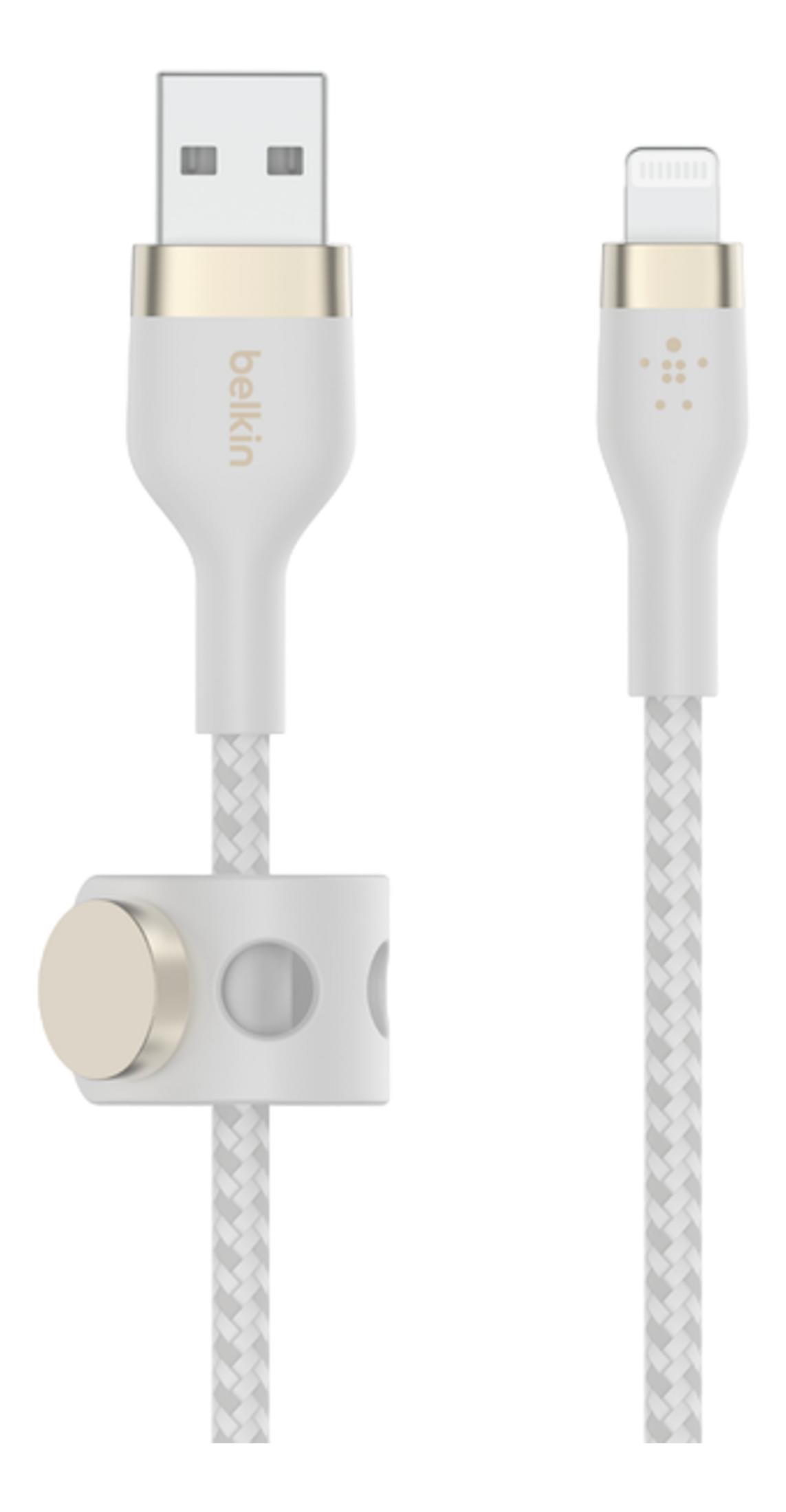 Biały kabel ładujący ze złączami USB-A i Lightning oraz opaską kablową.