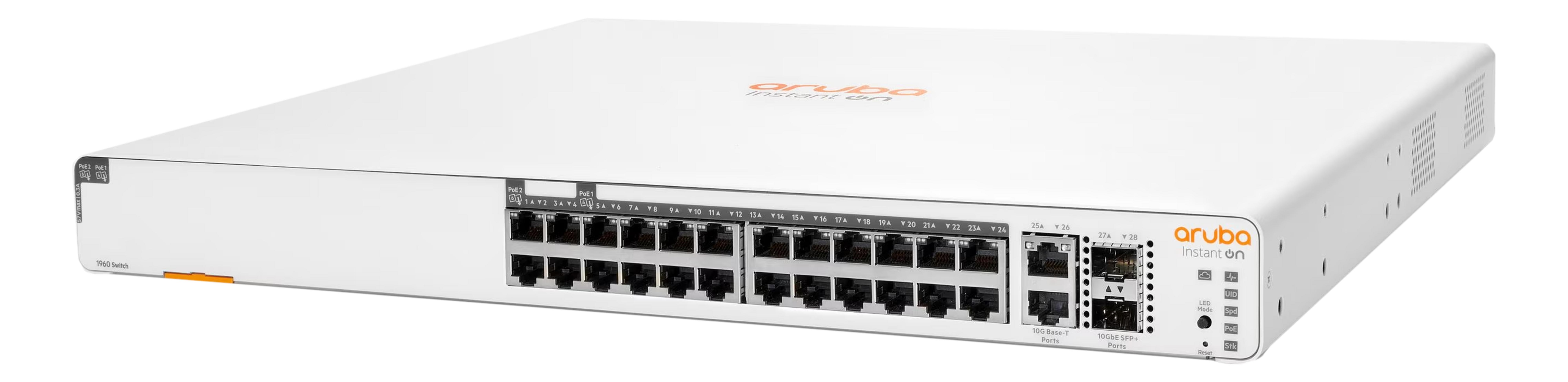 Biały przełącznik Aruba Instant On 1960 z licznymi portami Ethernet z przodu.