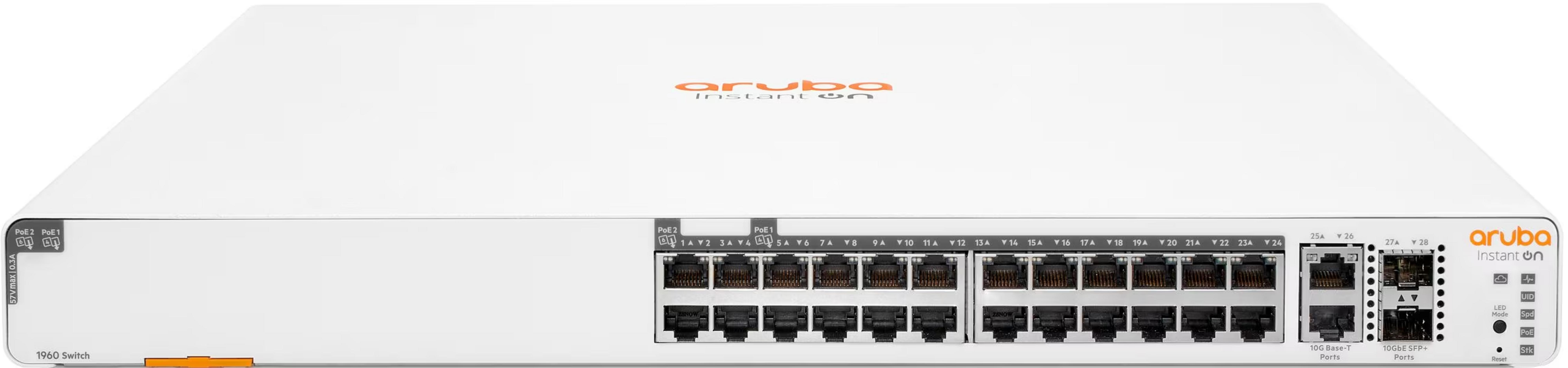 Biały przełącznik Aruba Instant On 1960 z 28 portami i portami SFP+ 10GbE.