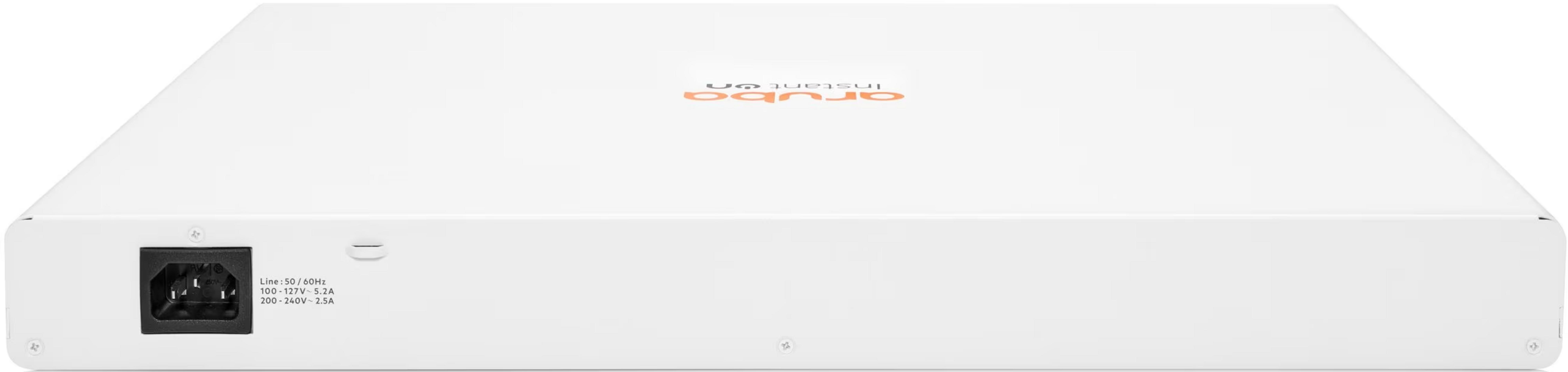 Białe urządzenie Aruba ze złączem zasilania i informacjami o zasilaniu.