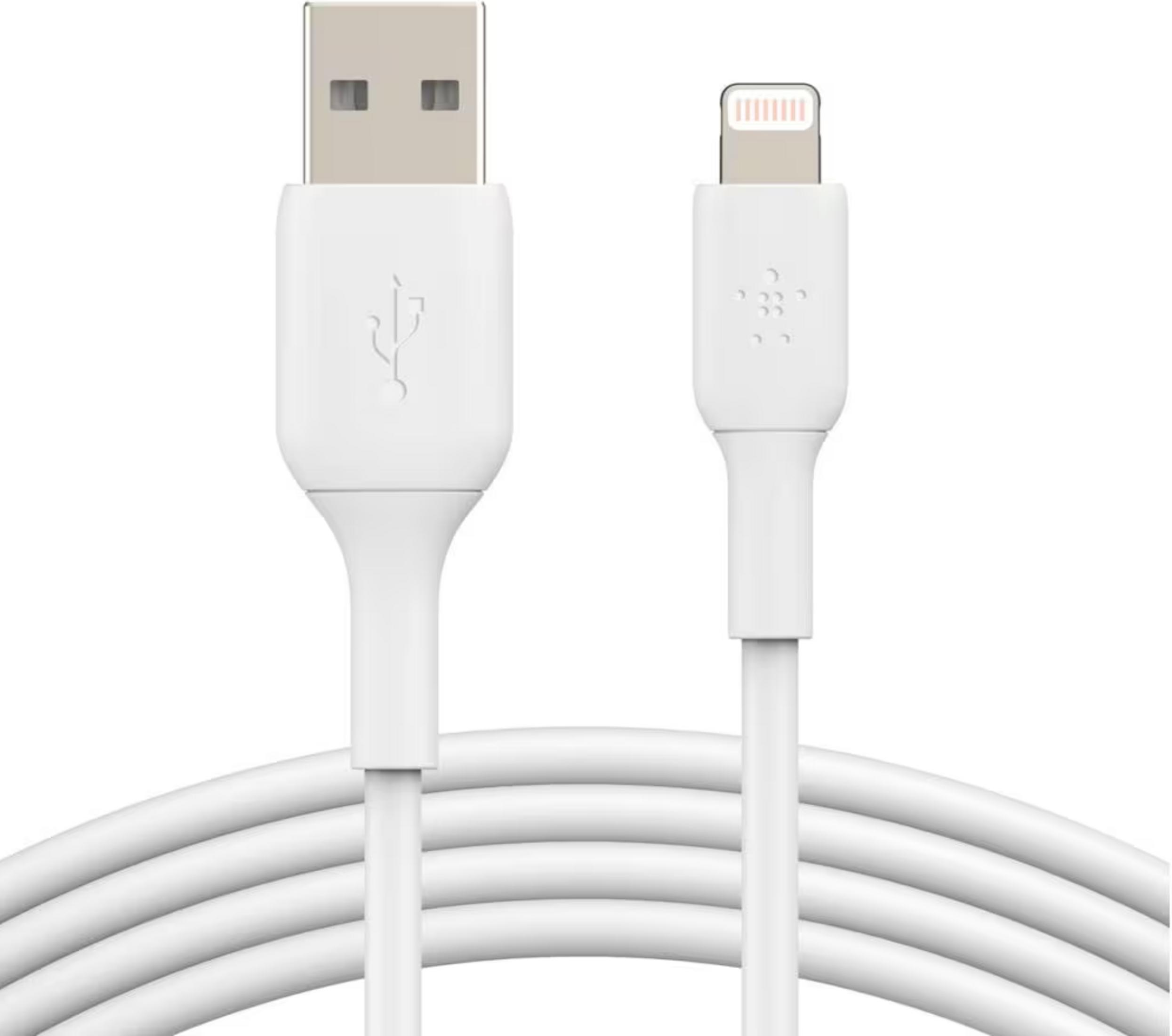 Un câble USB vers Lightning blanc, montrant les deux connecteurs.