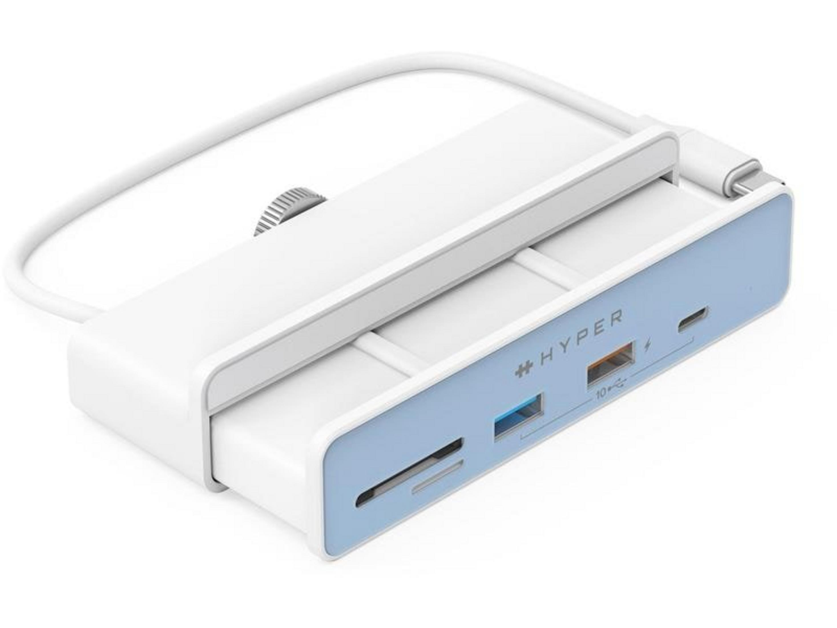 Ein weißer Hyper-Hub mit blauem Streifen, USB-Anschlüssen und SD-Kartensteckplätzen.