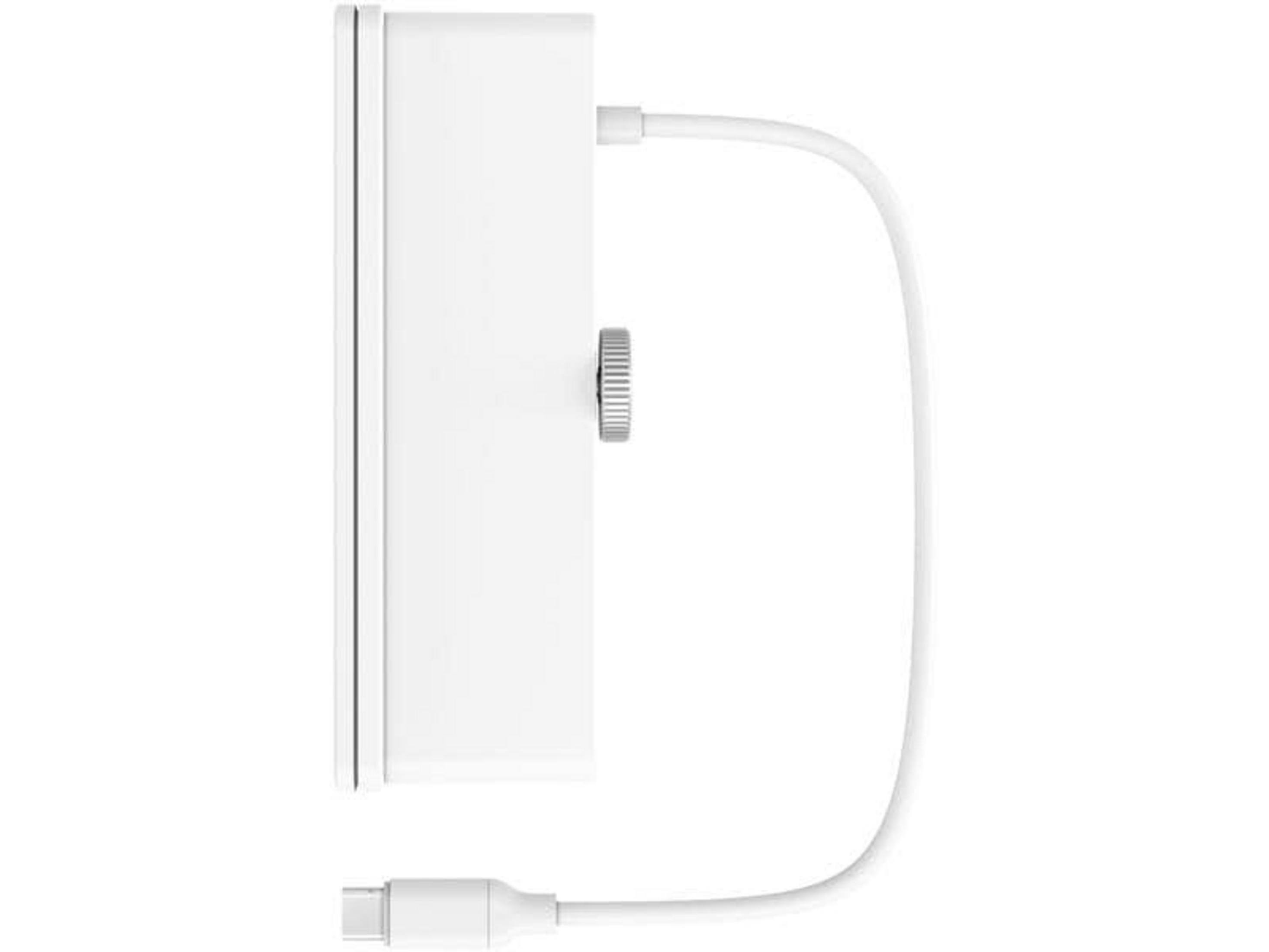 Ein weißes rechteckiges Gerät mit einem silbernen Knopf und einem USB-C-Kabel.