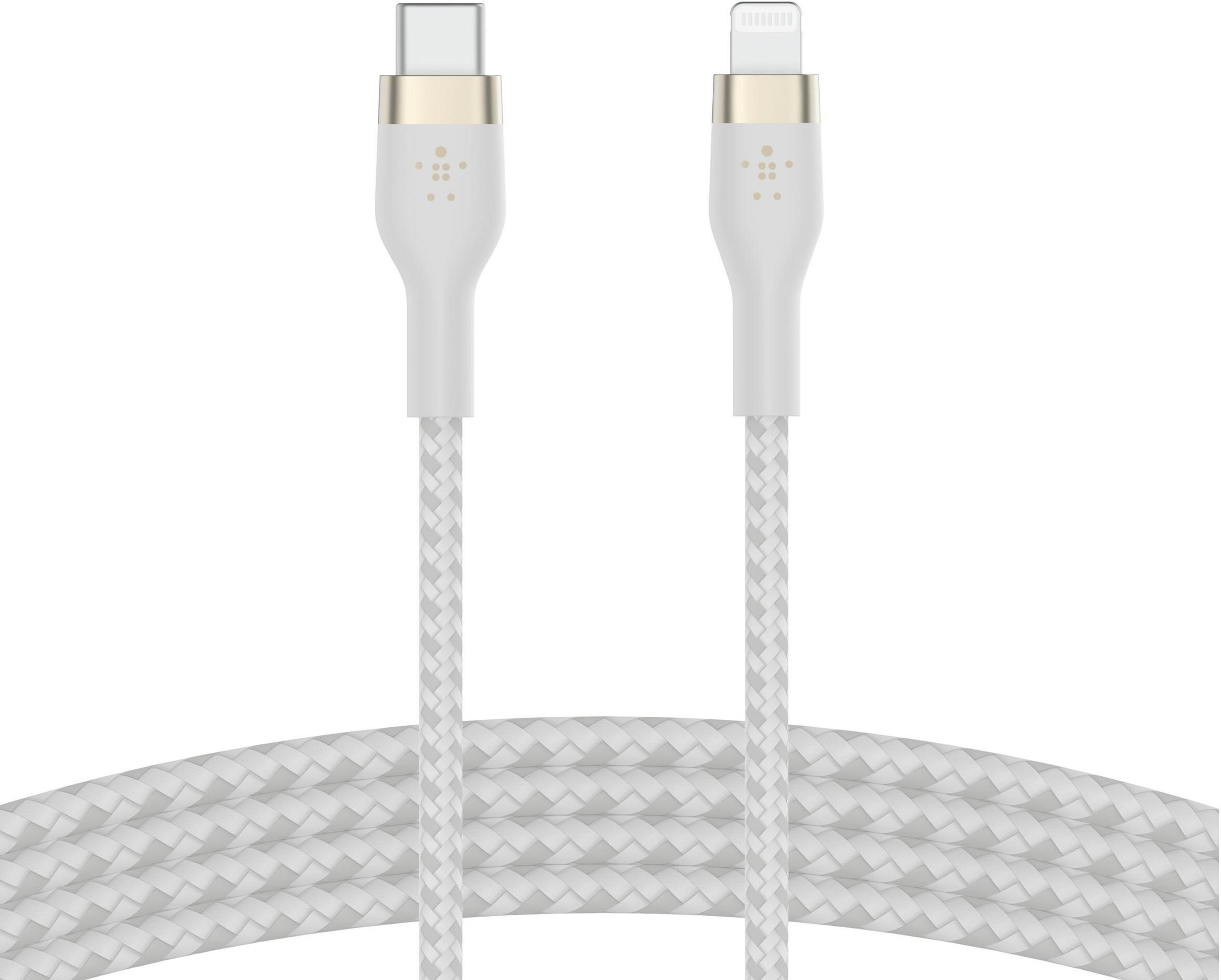 Un câble USB-C et Lightning blanc avec des accents dorés et un design tressé.