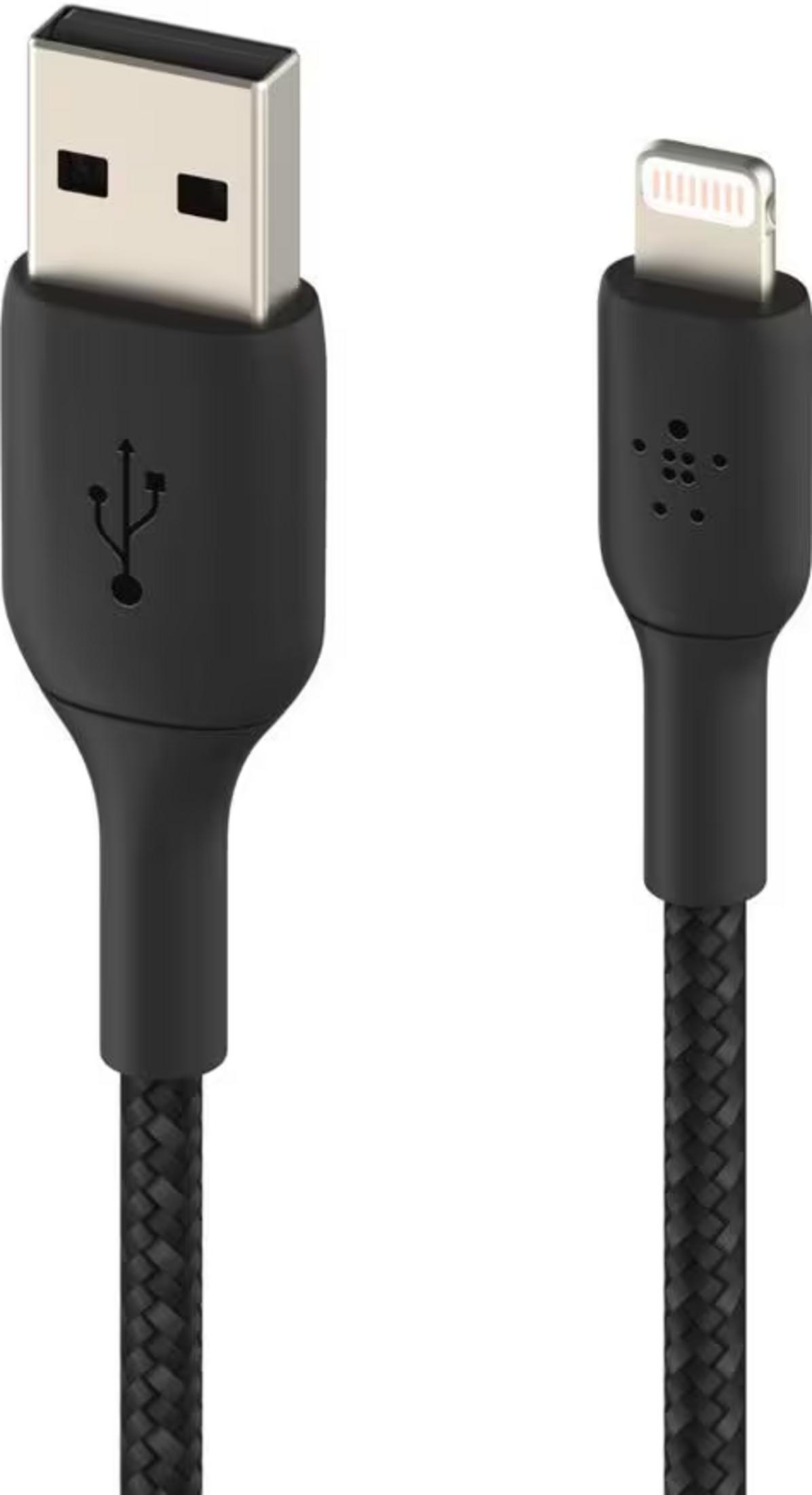 Un câble USB noir avec connecteurs USB-A et Lightning.
