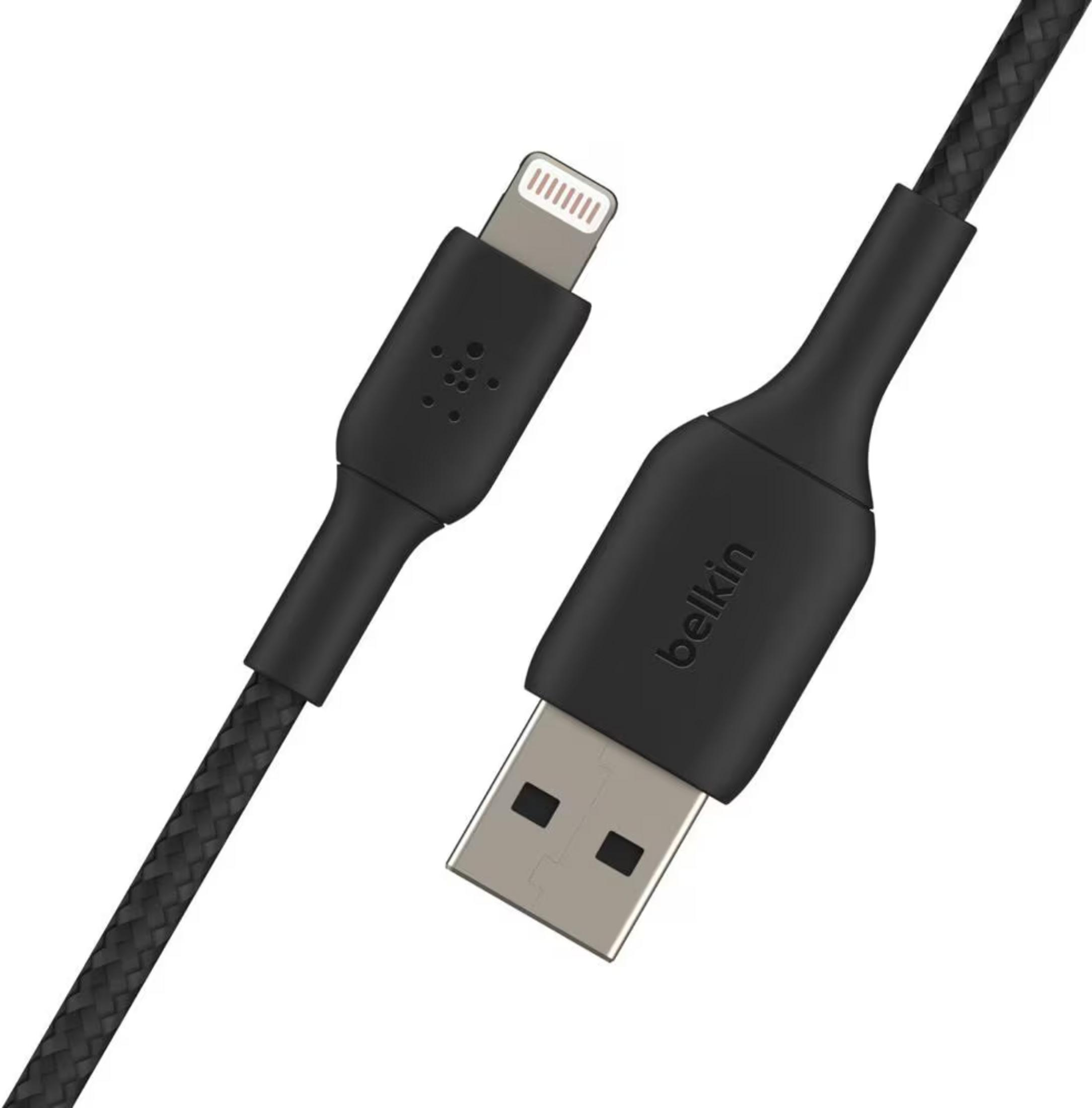 Câble noir USB-A vers Lightning avec gaine tressée et logo Belkin.